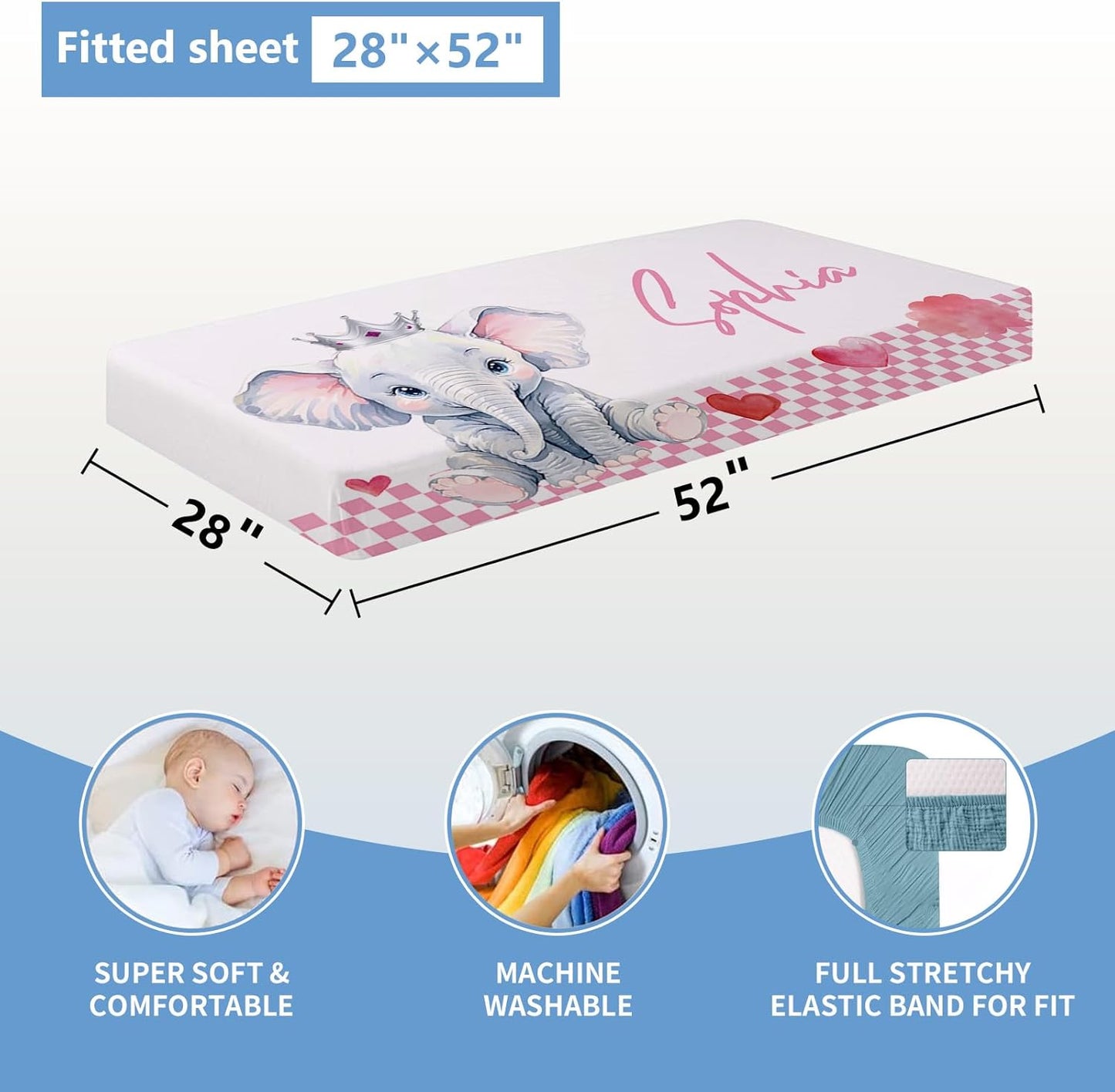 Personalized Baby Crib Set, 5 Pcs Custom with Name, Soft Elephant Crib Bedding, Double Layer Toddler Infant Bedding, New Parents Gifts