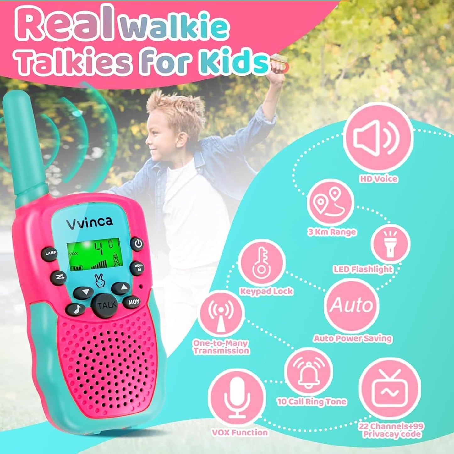 Walkie Talkies for Kids, 3 Miles Long Range 22 Channels 2 Way Rechargeable Kids Walkie Talkie with Flashlight for Camping Hiking Indoor Outdoor Toy 3 4 5 6-12 Boy Girl Birthday Gifts 2 Packs