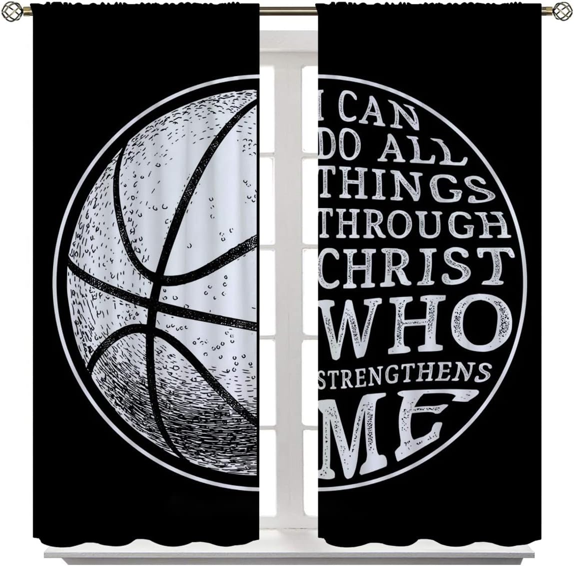 Basketball Blackout Curtains for Boy Girl Room Darkening Decor,Sport Theme and White Motto Dark Background Bedroom Living Room Home Rod Pocket Thermal Insulated Window Curtain/Drapes Panel,42x45 Inch…