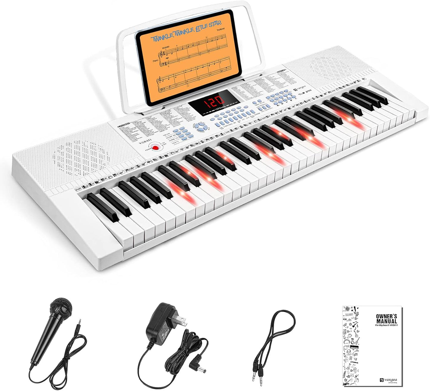 Vangoa VGK611 Electric Keyboard for Beginner, 61 Keys Portable Music Keyboard With Mini Lighted Keys, Electronic Piano for Kids, Boy, Girl, White