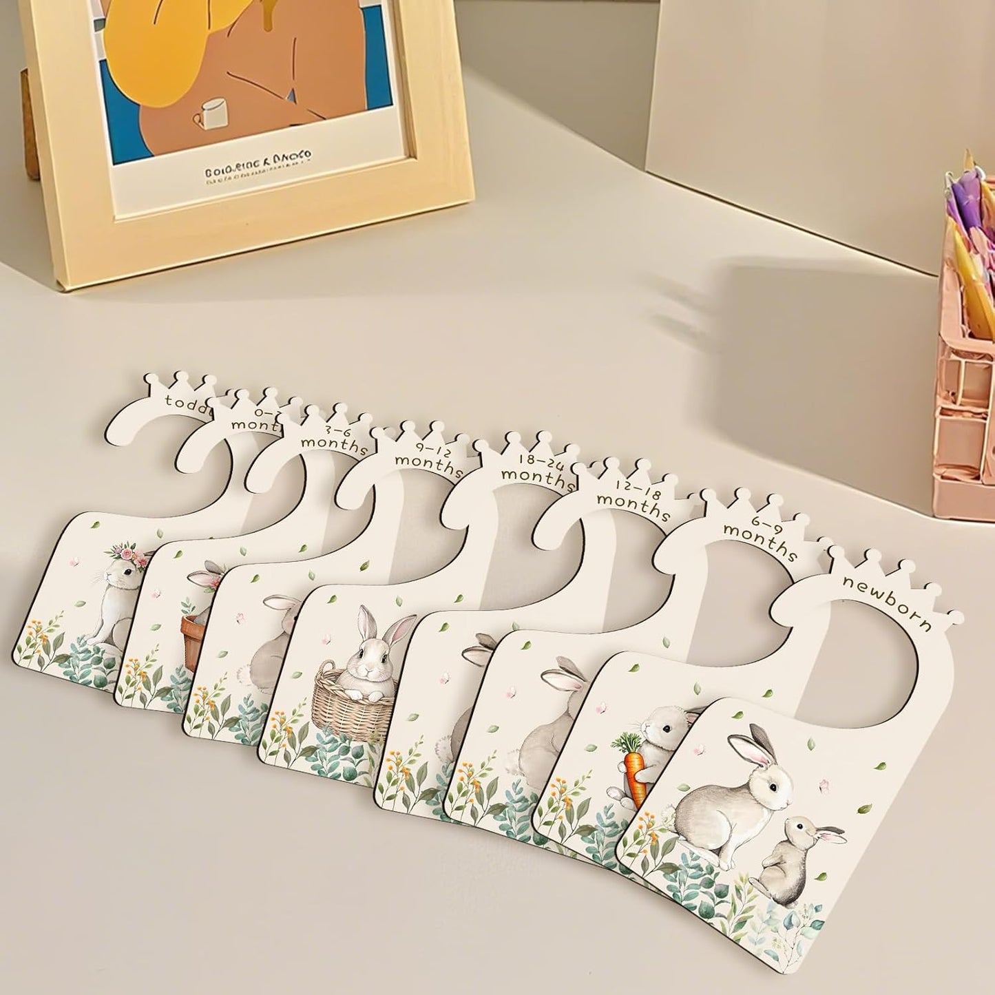 Baby Clothes Dividers for Closet - Set of 8 Wooden Baby Size Closet Dividers Newborn to 24 Months, Rabbits Babies Clothes Organizer for Boys Girl Nursery Decor Gender-Neutral Newborn Hangers Dividers