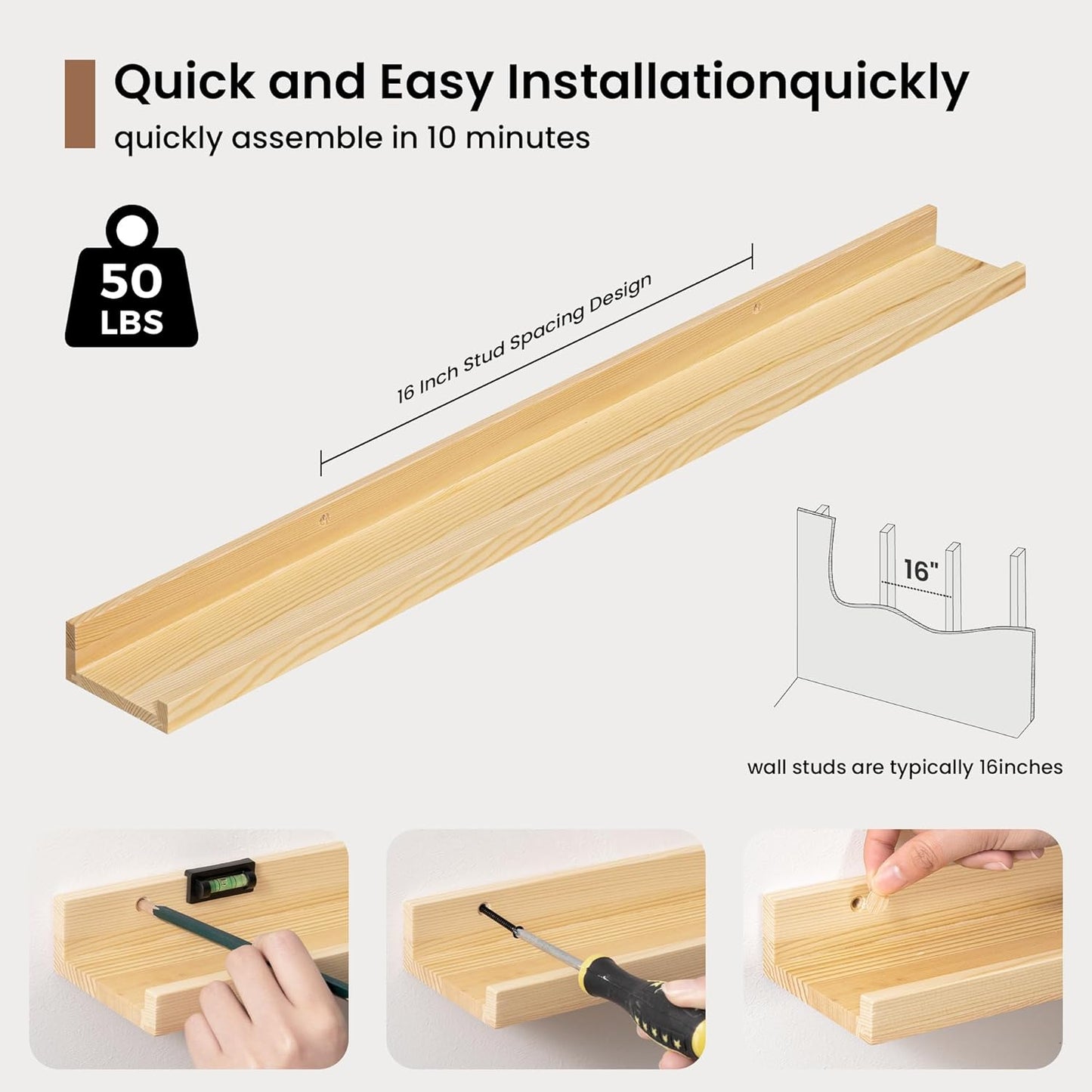 Picture Ledge Shelf, Solid Pine Wood Floating Shelves Set of 2, 32 Inches Nursery Book Shelves for Toys Storage, Kids Bookshelf Wall Mounted for Living Room Decor Photo Frames, Unfinished Natural