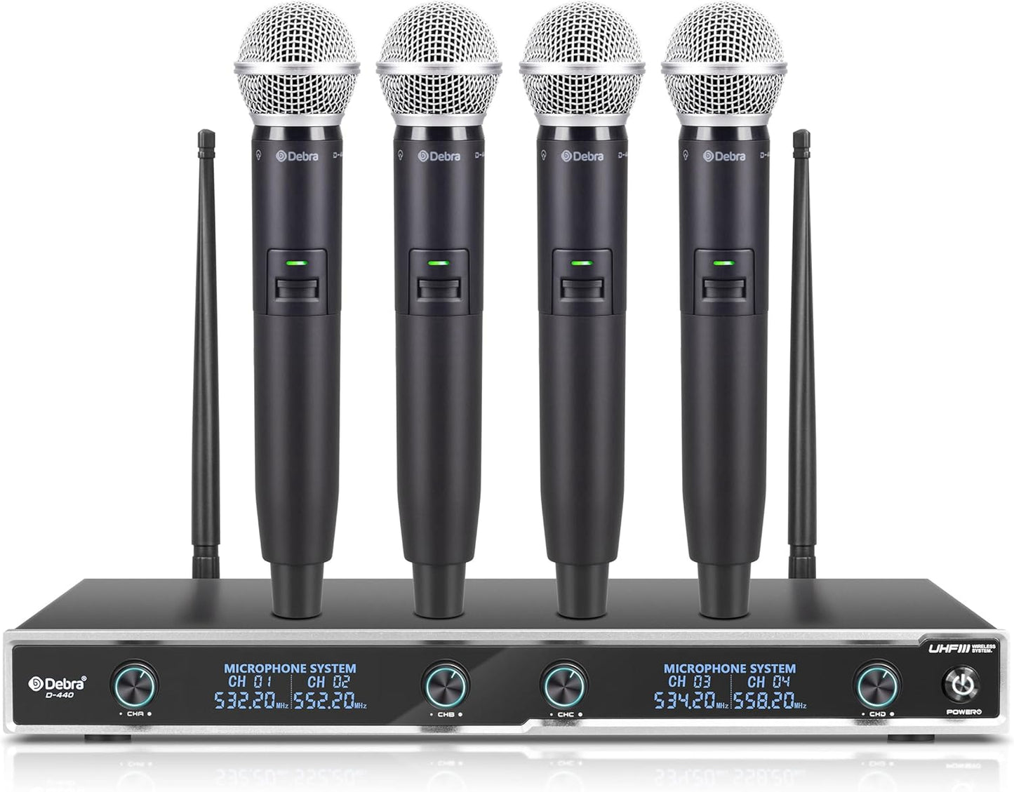 D Debra Audio D-440 UHF 4-Channel Wireless Microphone System with 4 Cordless Mics, Home Karaoke KTV Set, Ideal for Party, Church, Weddings, Stage, DJ, Outdoor, 300 Ft (4 Handheld)