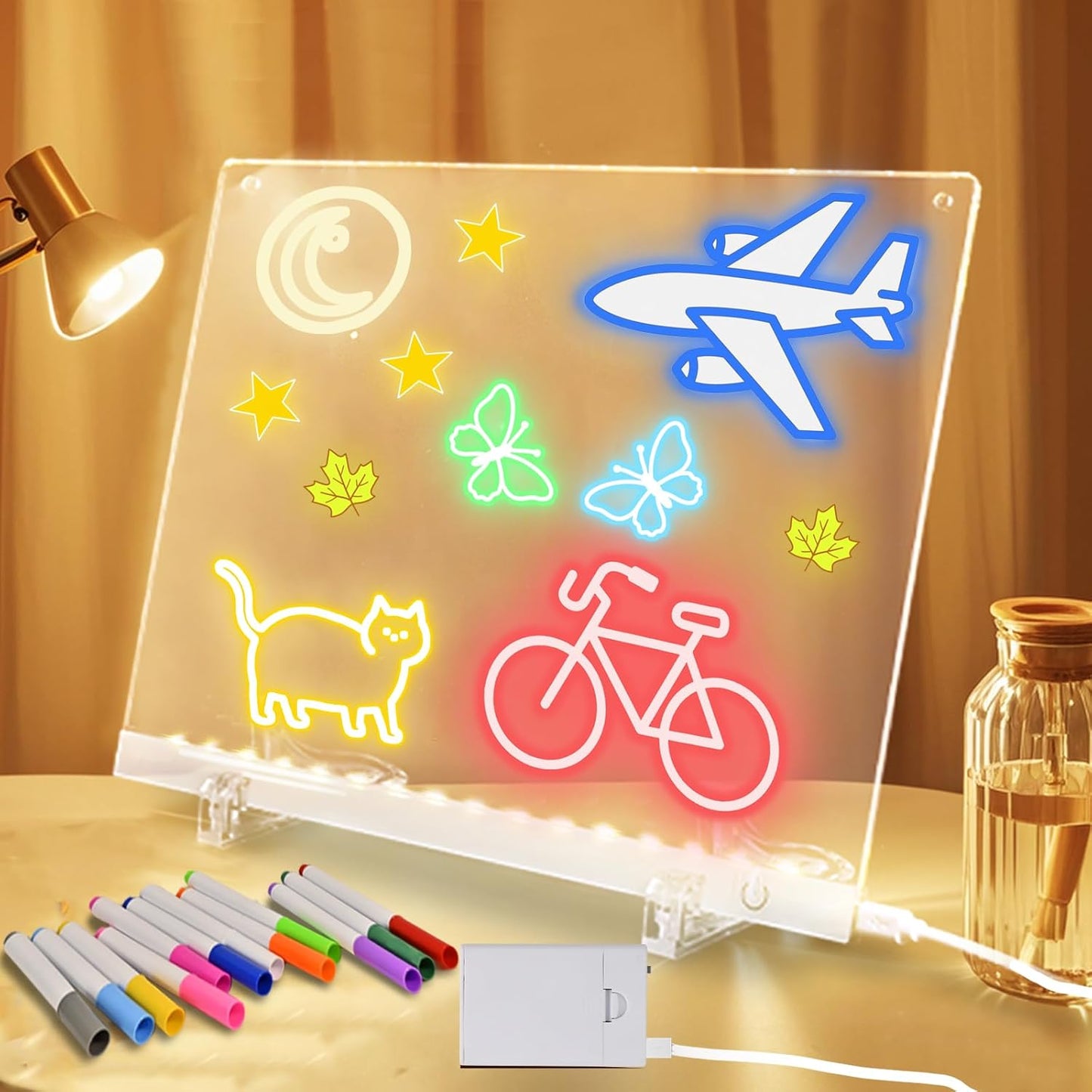 Acrylic Dry Erase Board with LED Light -11.8"x8.5" Clear Glowing Memo,Brightness Level Adjustment,12 Color Markers, Ideal for Office/Home/Kids (Standard Edition+Battery Power Supply Box)