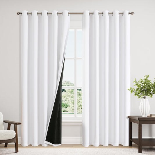 ChrisDowa 100% Blackout Curtains 84 inch Long for Bedroom with Black Liner, Extra Wide 2 Thick Layers Total Blackout Thermal Insulated Grommet Window Curtains 2 Panels Set (Pure White, 60 x 84 Inch)