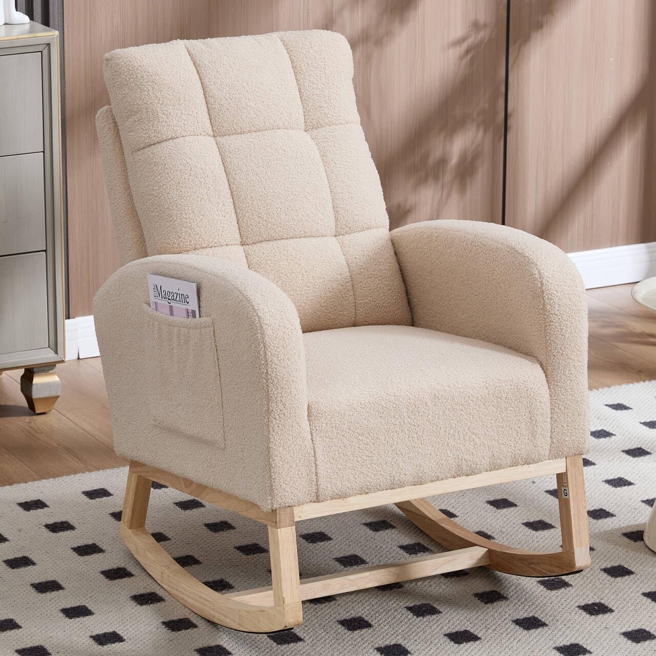 NIOIIKIT Nursery Rocking Chair, Teddy Upholstered Glider Chair with Side Pocket, Glider Rocker Chair with Tufted Back, Comfy Accent Nursing Chair for Living Room (Beige Retro)