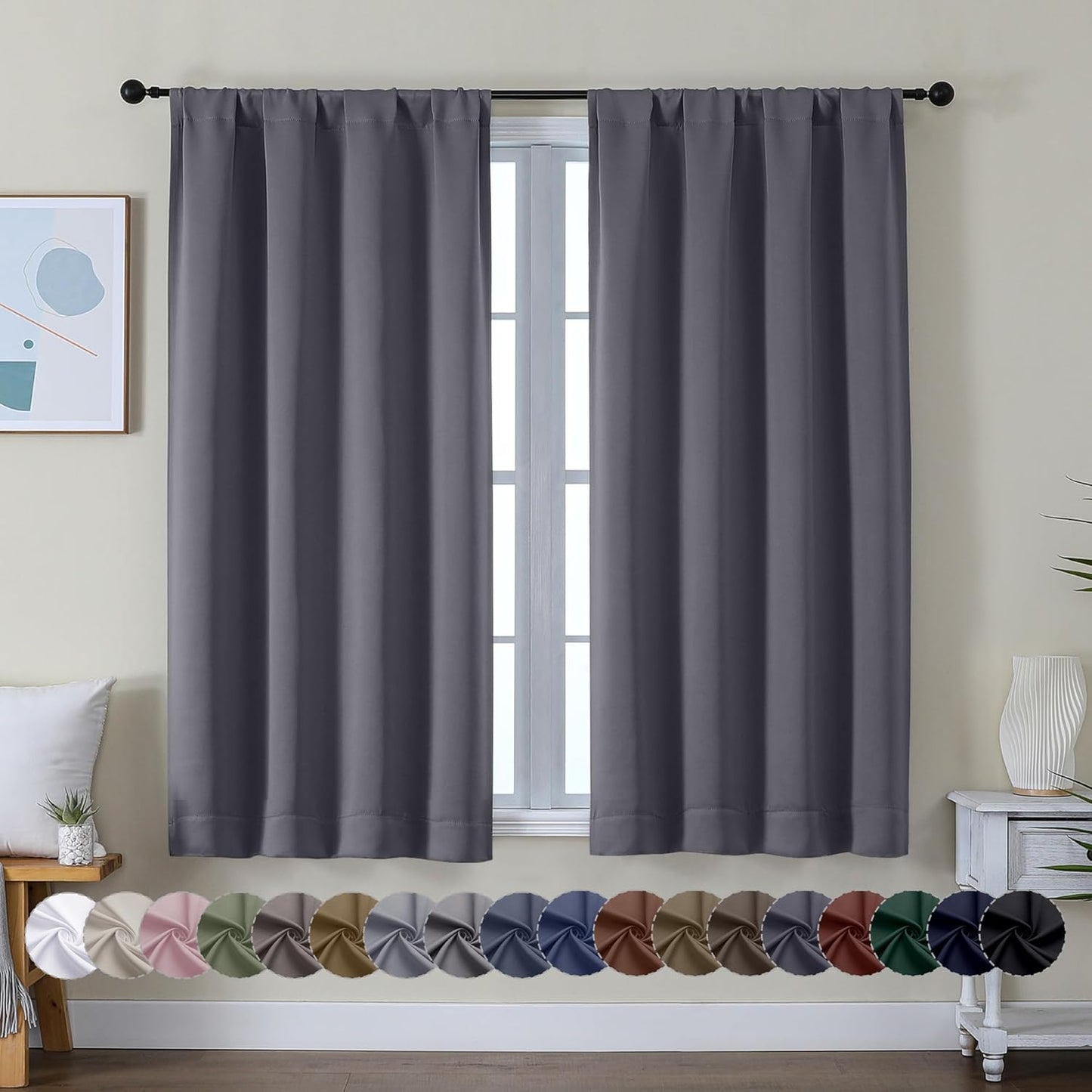 Simplebrand Ava Grey Short Blackout Curtains for Bedroom 54 Inches Long 2 Panels Set, Solid Thermal Insulated, Energy Saving Window Treatment Curtains Blackout Drapes, W40 x L54 Inch, Grey