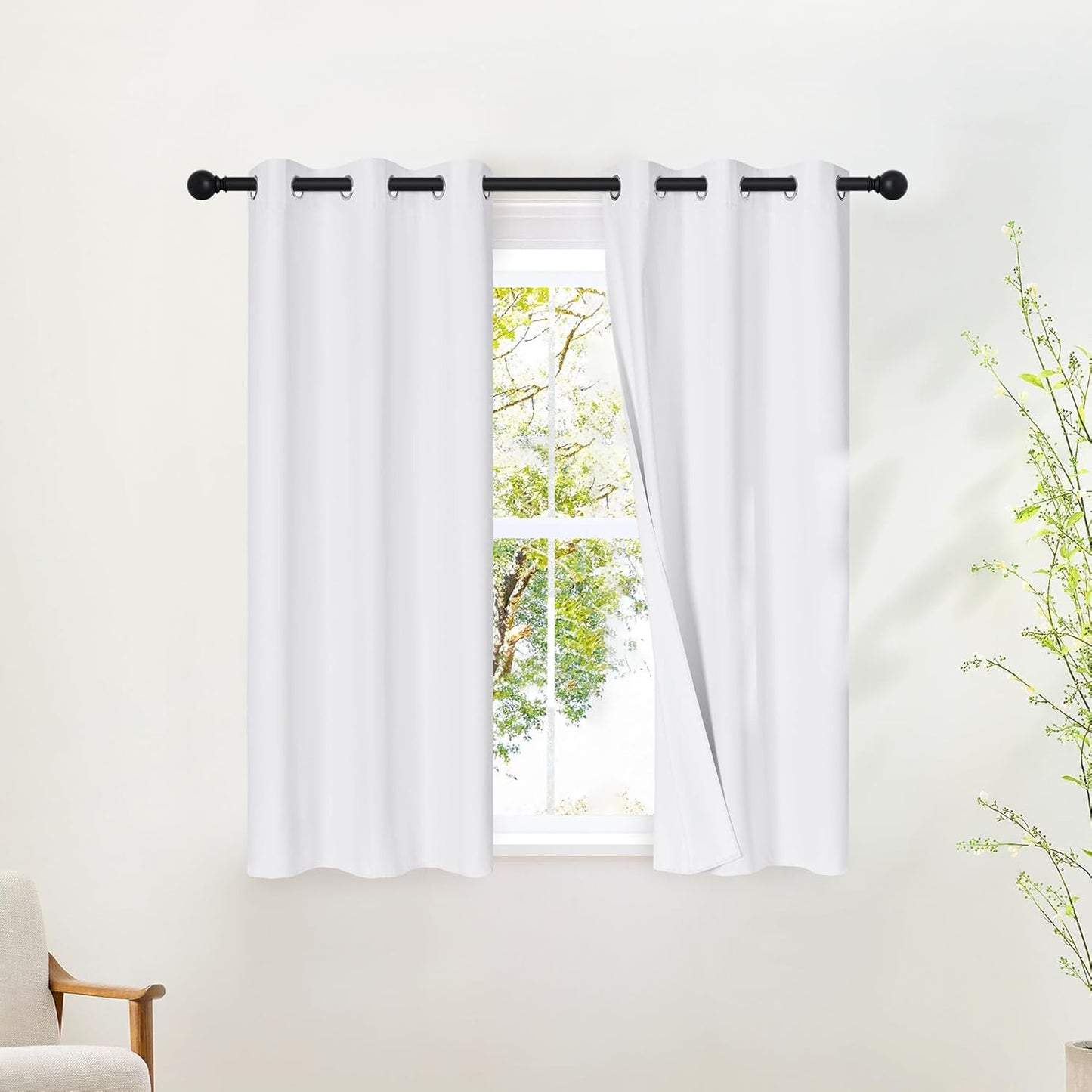 NICETOWN 100% Blackout White Curtains 48 inch Long, Grommet Thermal Window Treatment Full Blackout Curtains for Kitchen/Cafe, 2 Panels, W37 x L48