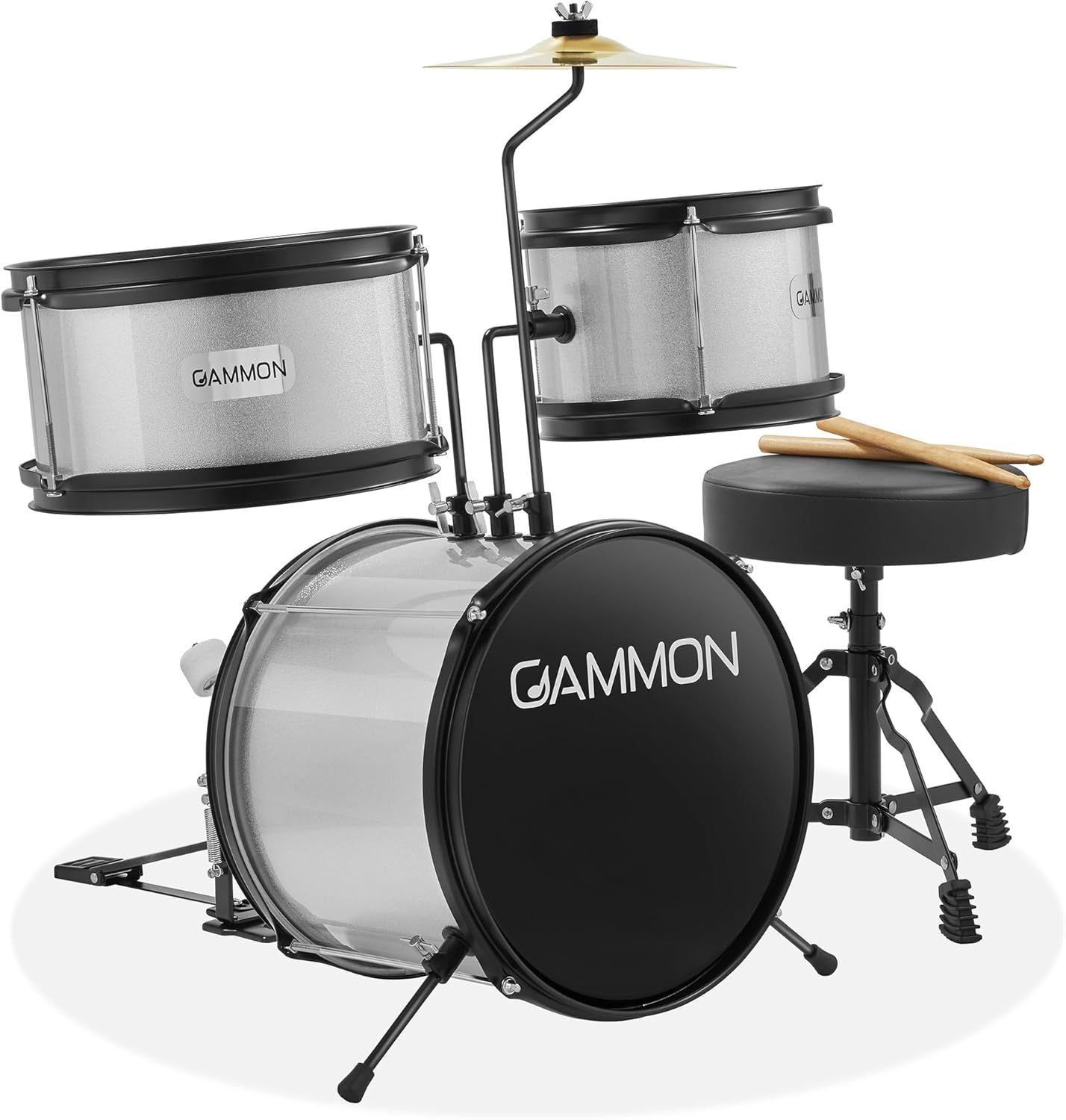 Gammon 3-Piece Junior Drum Set with Throne - Silver, Complete Beginner Kit with Bass Drum, Toms, Cymbal, Pedal, and Drumsticks
