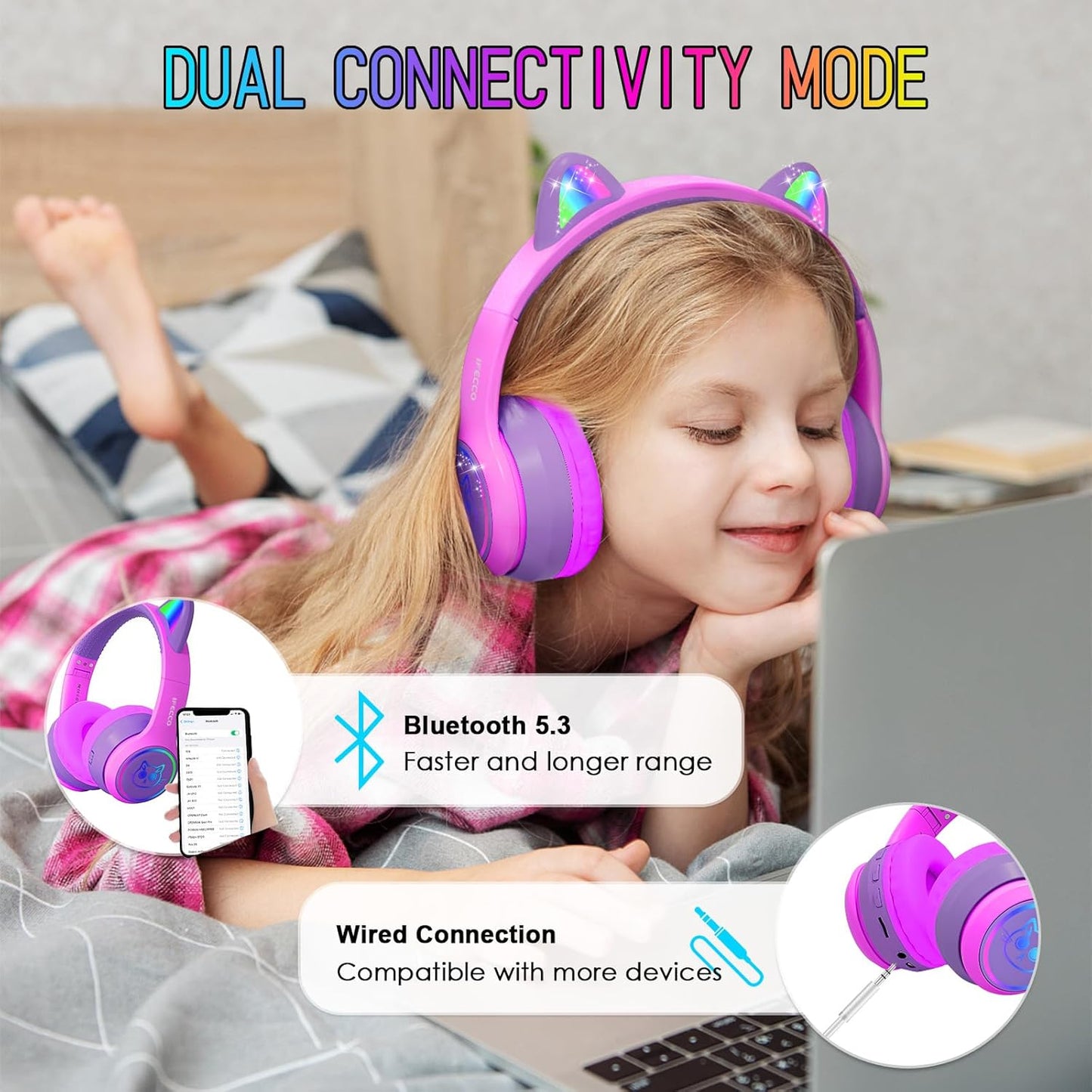 IFECCO Wireless Kids Headphones with Microphone,Foldable Cute Light Up Cat Ear Children Girls Bluetooth Headphones with Case for School Gifts Travel