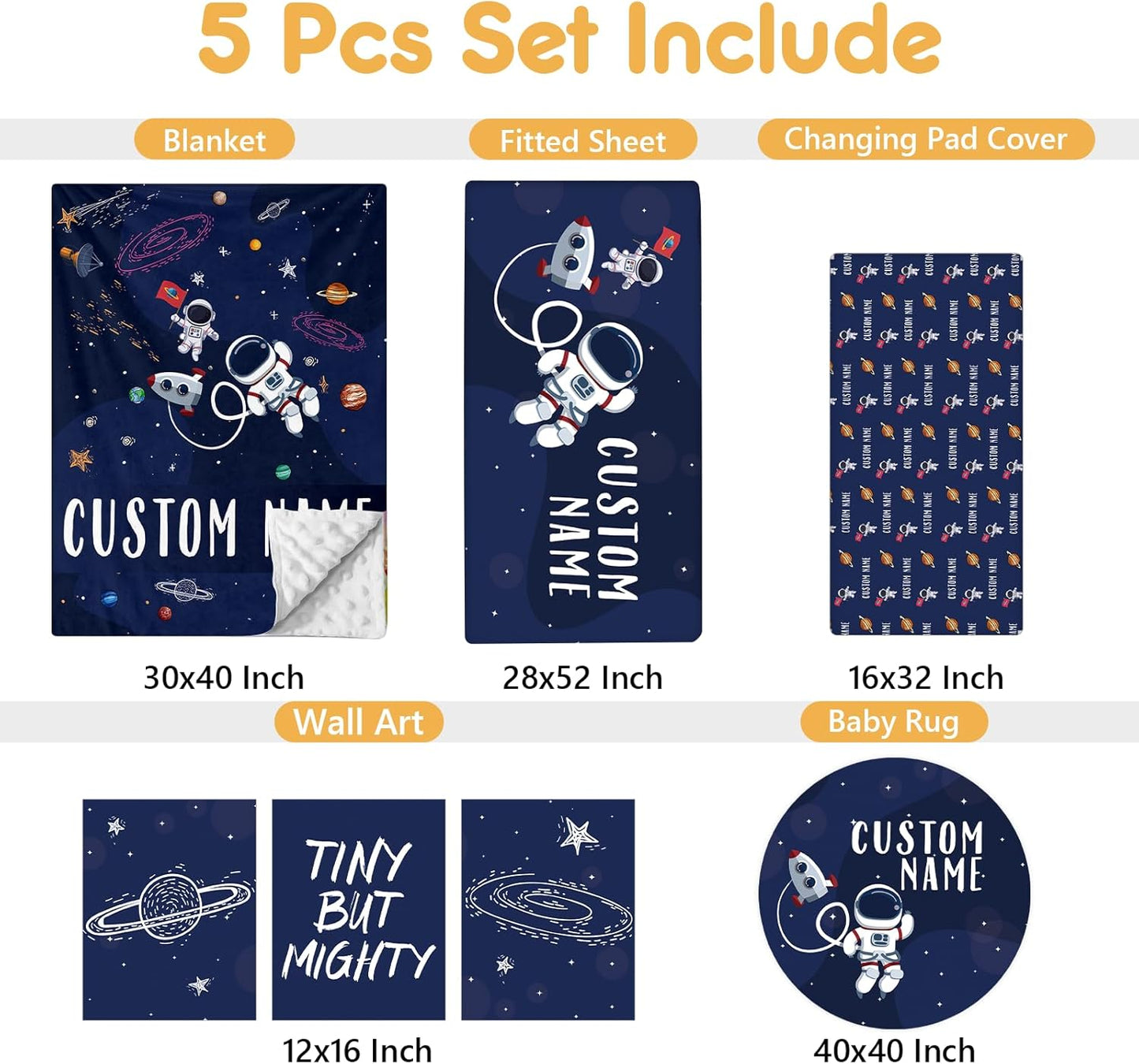 Personalized Crib Bedding Set, 5 Pcs Custom Nursery Bedding Sets with Name, Infant Bedding Set for Baby Boys, Blue Astronaut Double Layer Baby Crib Set, Babies Toddlers Kids Customized Gifts