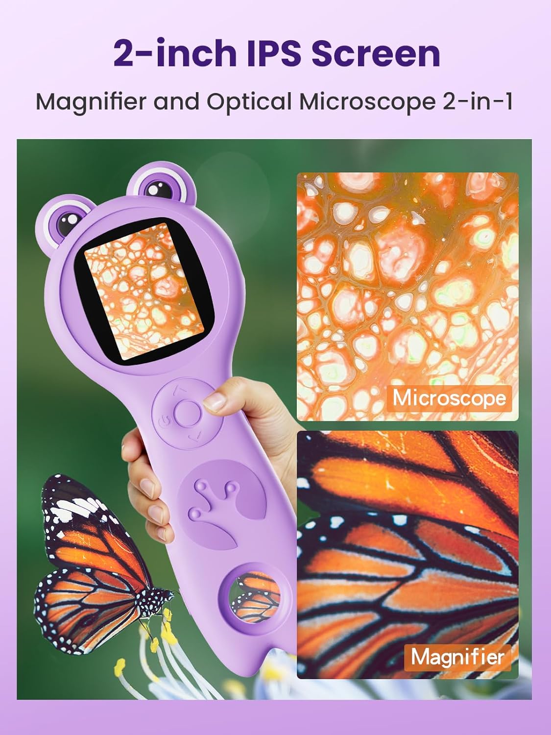 Microscope for Kids, 2 Inch Digital Microscope with 500X Magnifying Glass, 4× Zoom Handheld Camera Mini Pocket Magnification, Educational Science Toys for Ages 3+, Purple