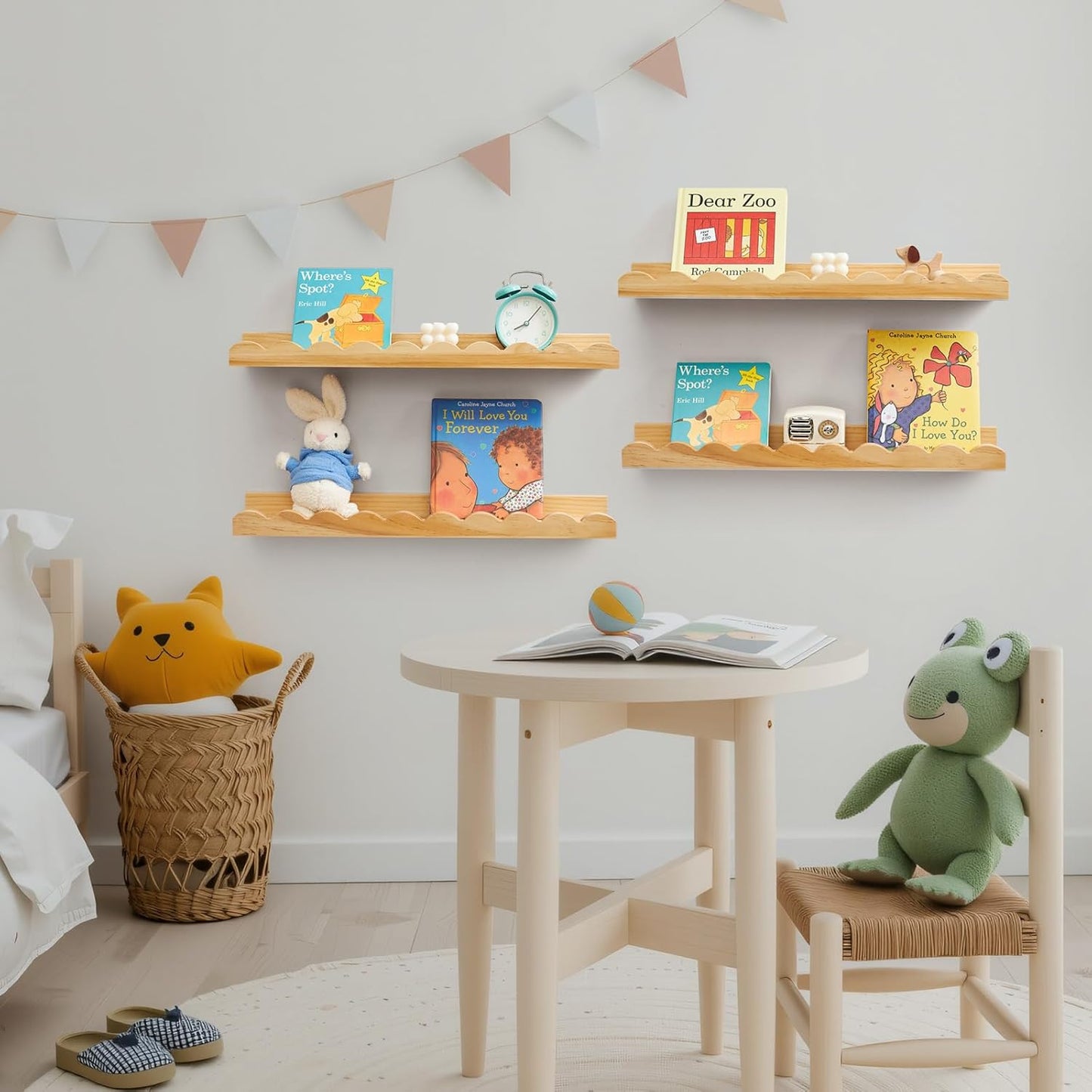Scalloped Baby Book Shelf,Floating Shelves for Wall Set of 4 Natural Solid Pine Wood Nursery Bookshelves with Wave Lip for Bedroom Kids, Toddler Room, Baby Room, Nursery Decor(Natural,40cm)