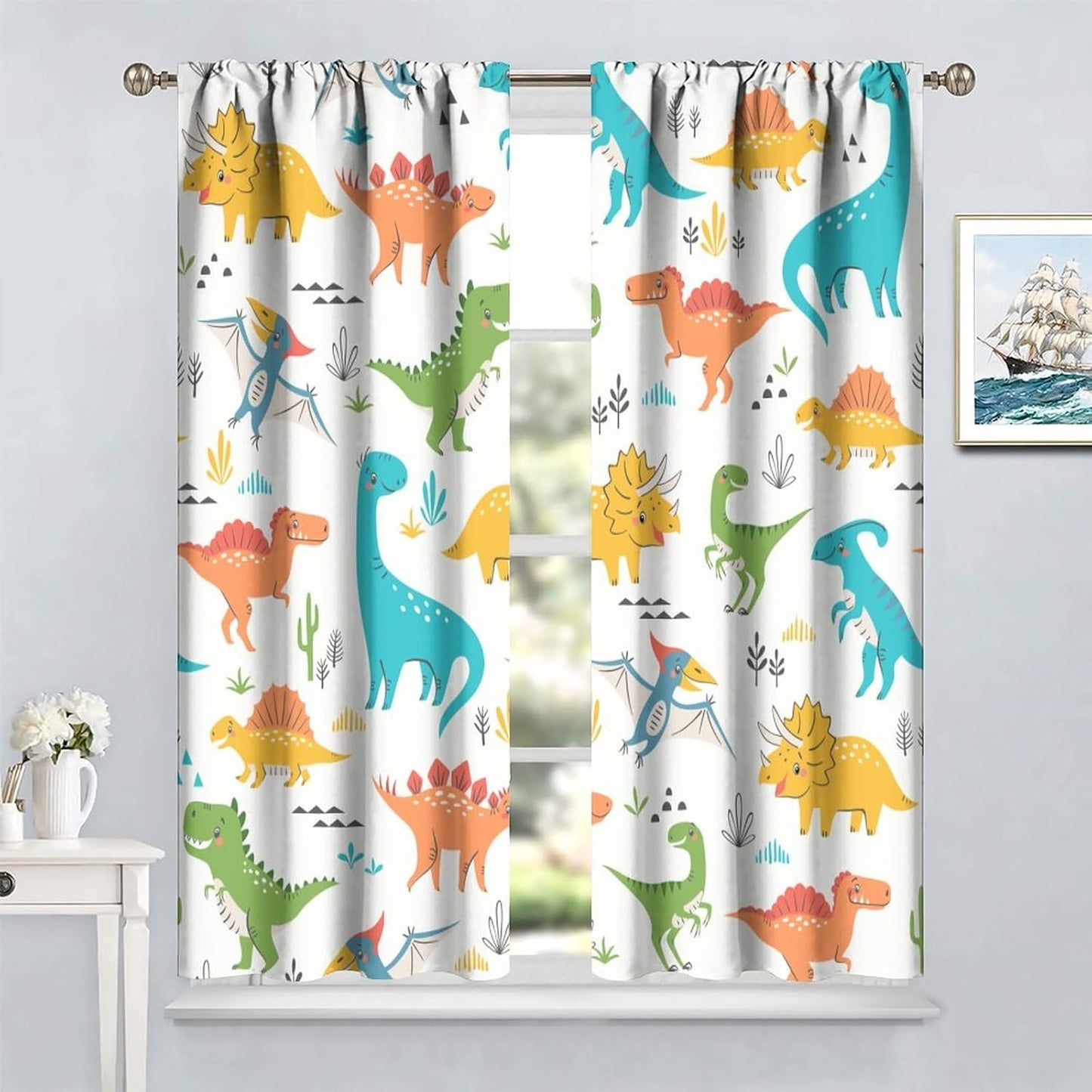 Kids Dinosaur Curtains for Boy Girl Bedroom Decor Cartoon Dino Colorful Cute Funny Animal Wildlife Printed Blackout Rod Pocket Window Drapes for Baby Nursery Playroom Living Room W31.5xL72in 2 Panels