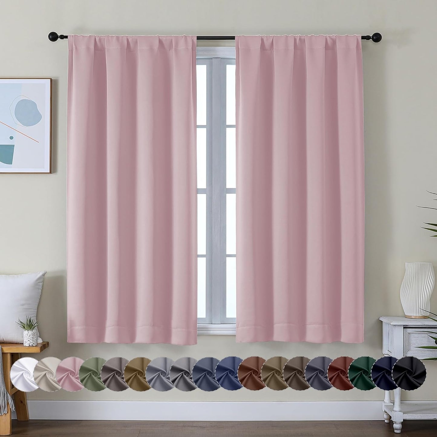 Simplebrand Ava Blush Short Blackout Curtains for Bedroom 45 Inches Long 2 Panels Set, Solid Thermal Insulated, Energy Saving Window Treatment Curtains Blackout Drapes, W40 x L45 Inch, Blush
