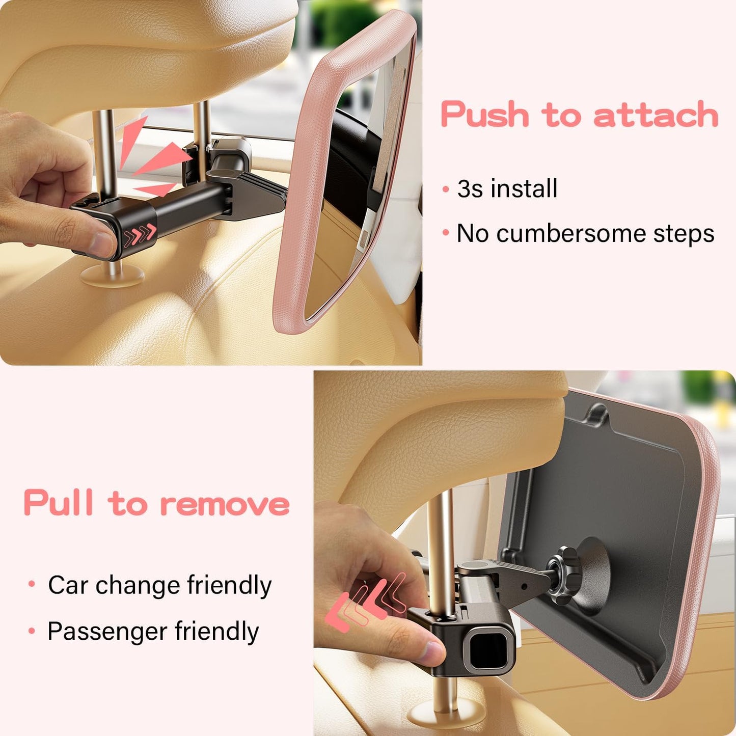 Car Mirror for Baby - Hook Clip Design, Never Shake Car Seat Mirror, Rear Facing, Easy Install, Back Seat Crystal Clear View, ShatterProof Tested - Pink
