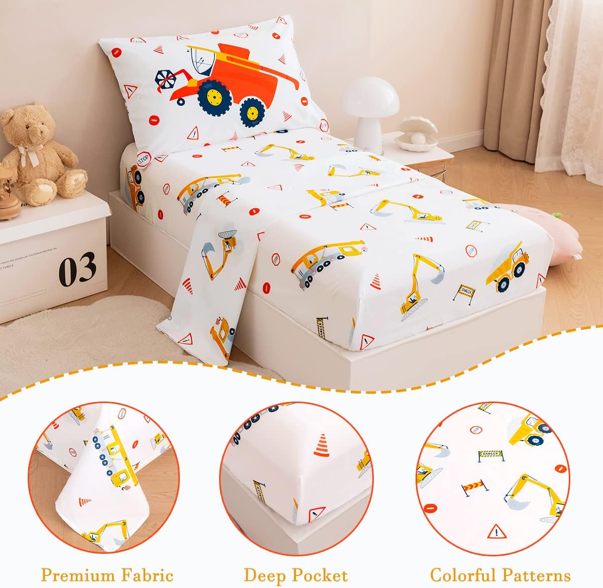 PERFEMET 4 Pieces Construction Toddler Bedding Set Excavator Truck Boy Toddler Bed in A Bag Colorful Reversible Cartoon Tractors White Crib Comforter Set for All Seasons(White, Truck/Tractor)
