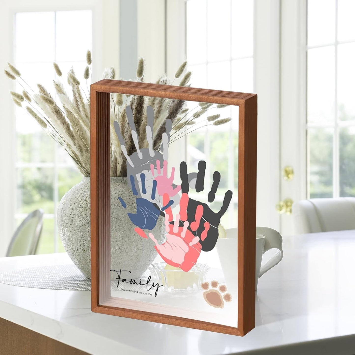Family Handprint Kit,DIY Colorful Craft Keepsake Family Art Baby Newborn Hand and Footprint Wooden Frame for Home Decor Family Gifts Set(5 Sheets with 8 Colors) (Wood)