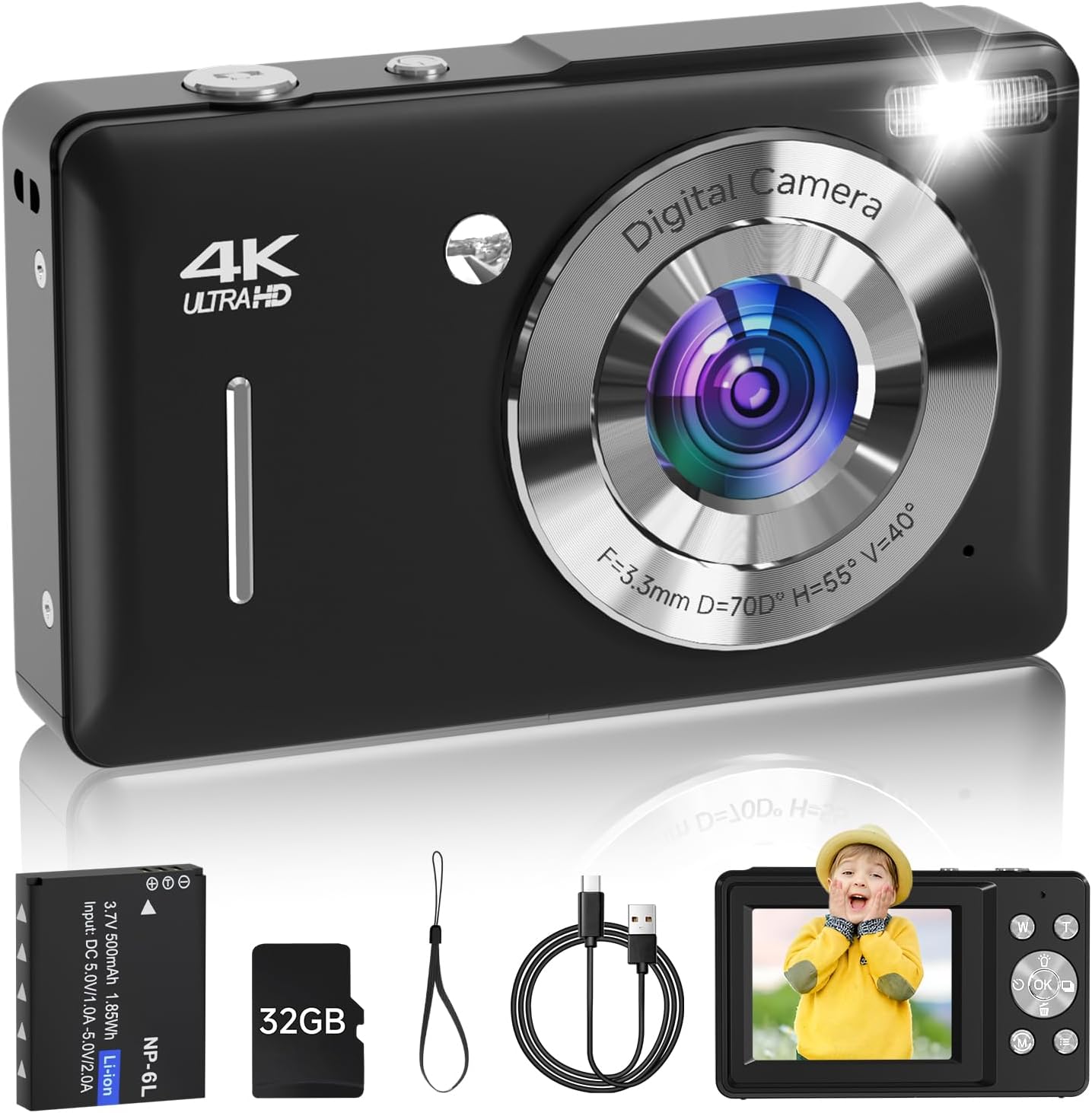 Digital Camera for Kids, FHD 1080P 44MP Point and Shoot Digital Camera with Face Detect, Smile Capture, 18X Zoom, 20 Filters, Anti Shake, 32GB SD Card Blcak Compact Vintage Camera for Kids Boys Girls