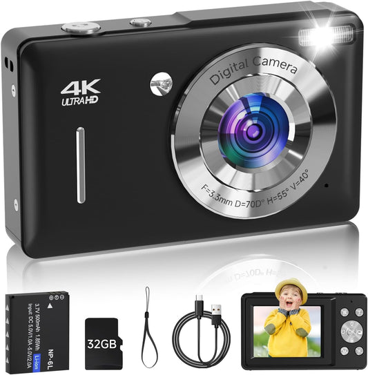 Digital Camera for Kids, FHD 1080P 44MP Point and Shoot Digital Camera with Face Detect, Smile Capture, 18X Zoom, 20 Filters, Anti Shake, 32GB SD Card Blcak Compact Vintage Camera for Kids Boys Girls