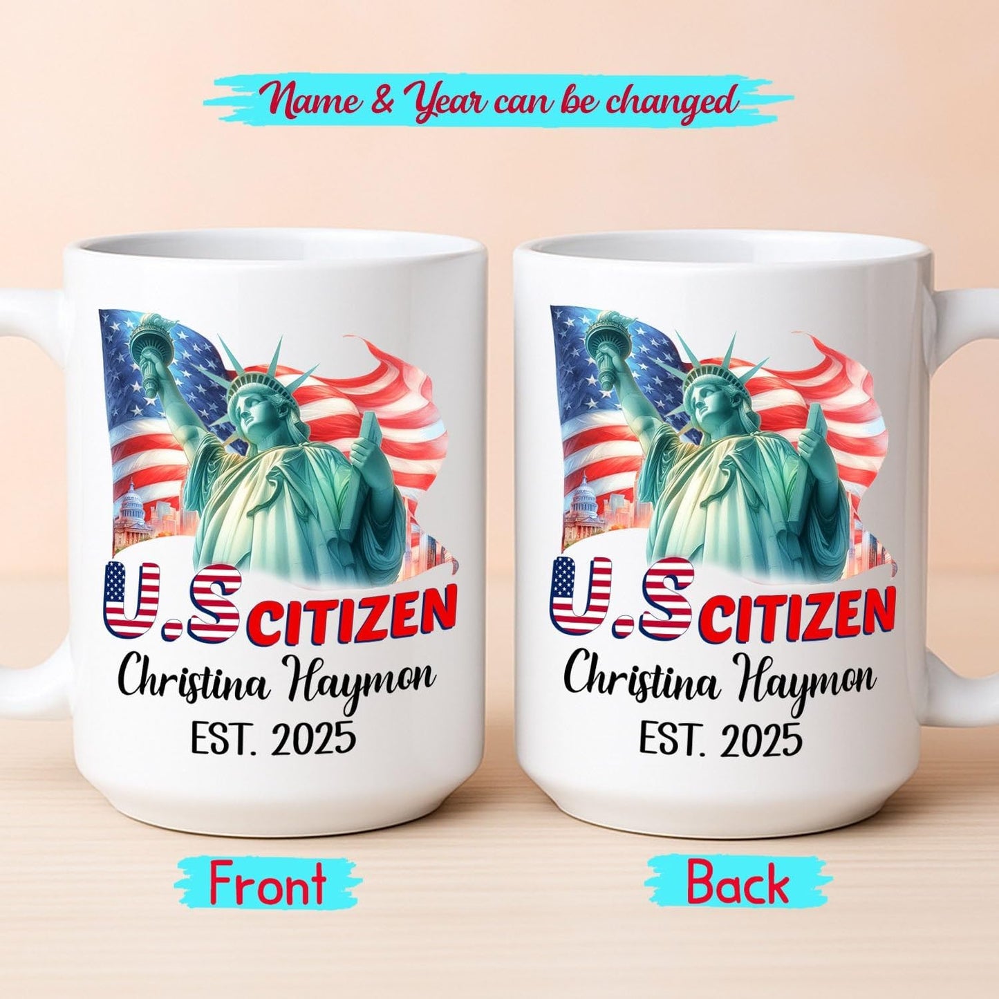 Personalized Coffee Mug Gift For US Citizen Girlfriend Boyfriend, Citizenship Celebration Gnome Ceramic Coffee Cup, Customized Year & Name American Citizen White Teacup, New US Citizenship Travel Mug