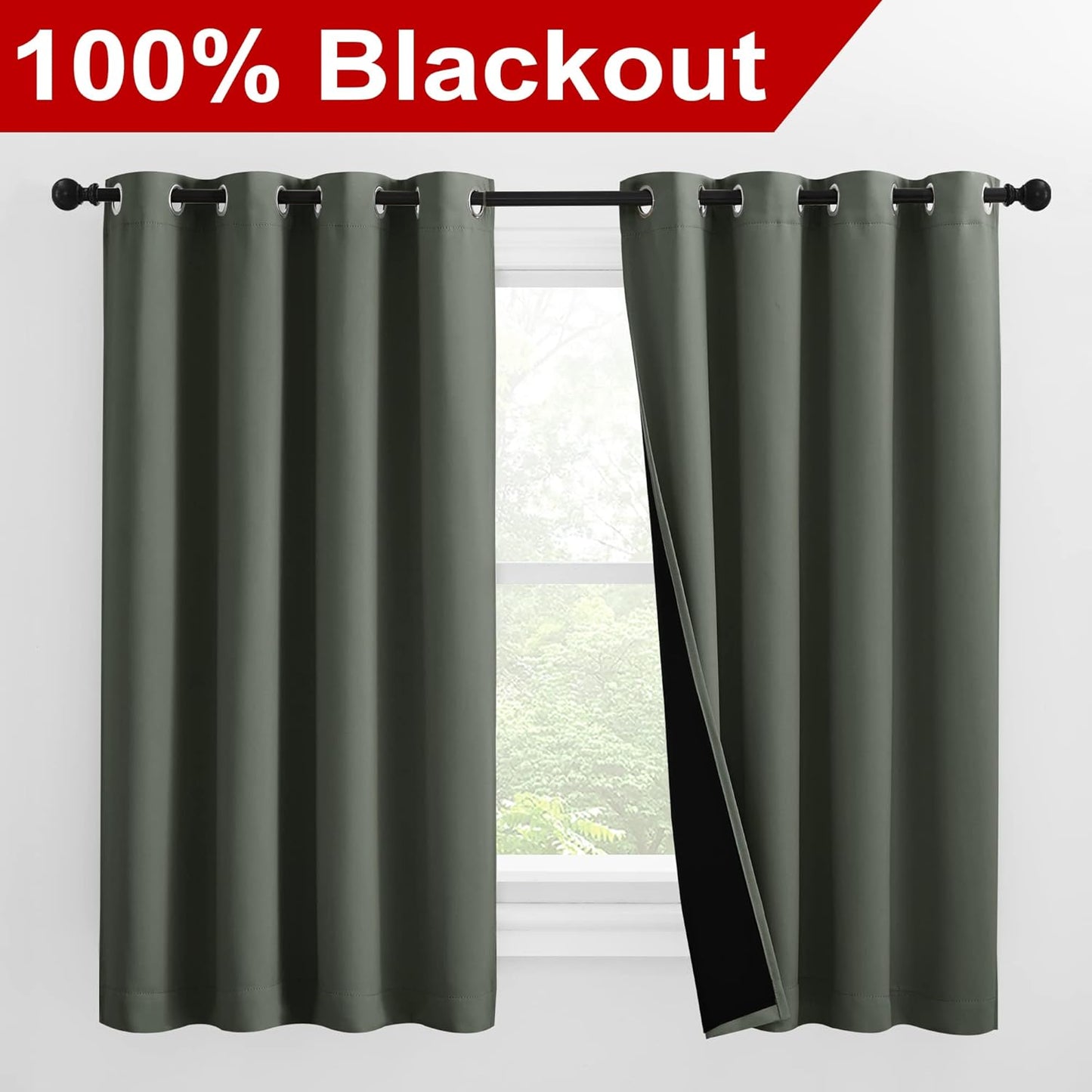 NICETOWN 100% Blackout Curtains 57 inches Long, Double-Deck Completely Blackout Window Treatment Thermal Insulated Lined Drapes for Small Window (Dark Mallard, 1 Pair, 55 inches Width Each Panel)