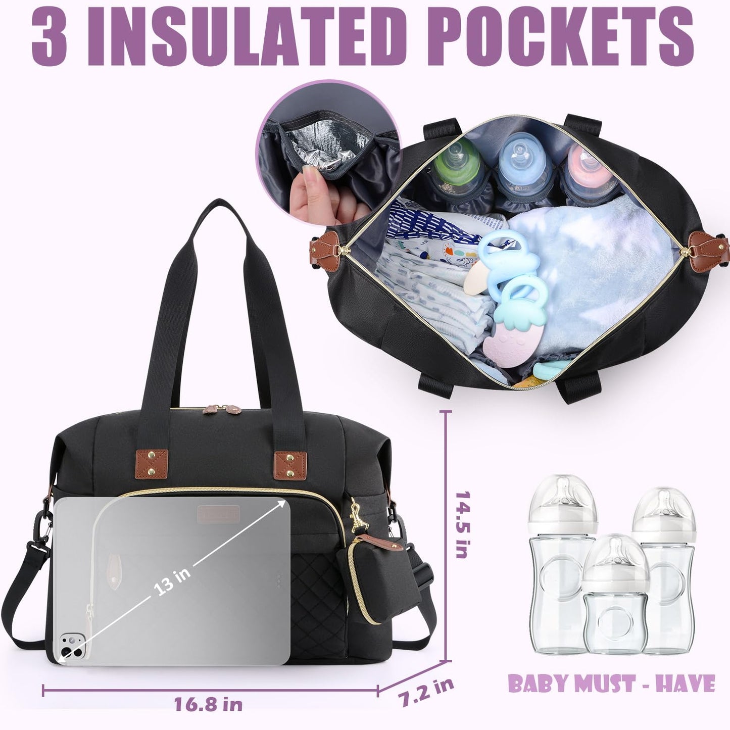 Tuwubi Diaper Bag Tote,Baby Diaper Bag with Pacifier Case Large Travel Diaper Tote Caddy for Mom and Dad Multifunction Large Baby Bag - Black