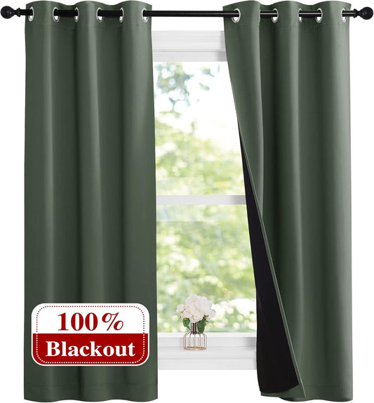 NICETOWN Dark Mallard 100% Blackout Lined Curtains, 2 Thick Layers Narrow Wide Window Treatment Panels Thermal Insulated Drapes for Kitchen Small Window (1 Pair, 37" Width x 63" Length Each Panel)
