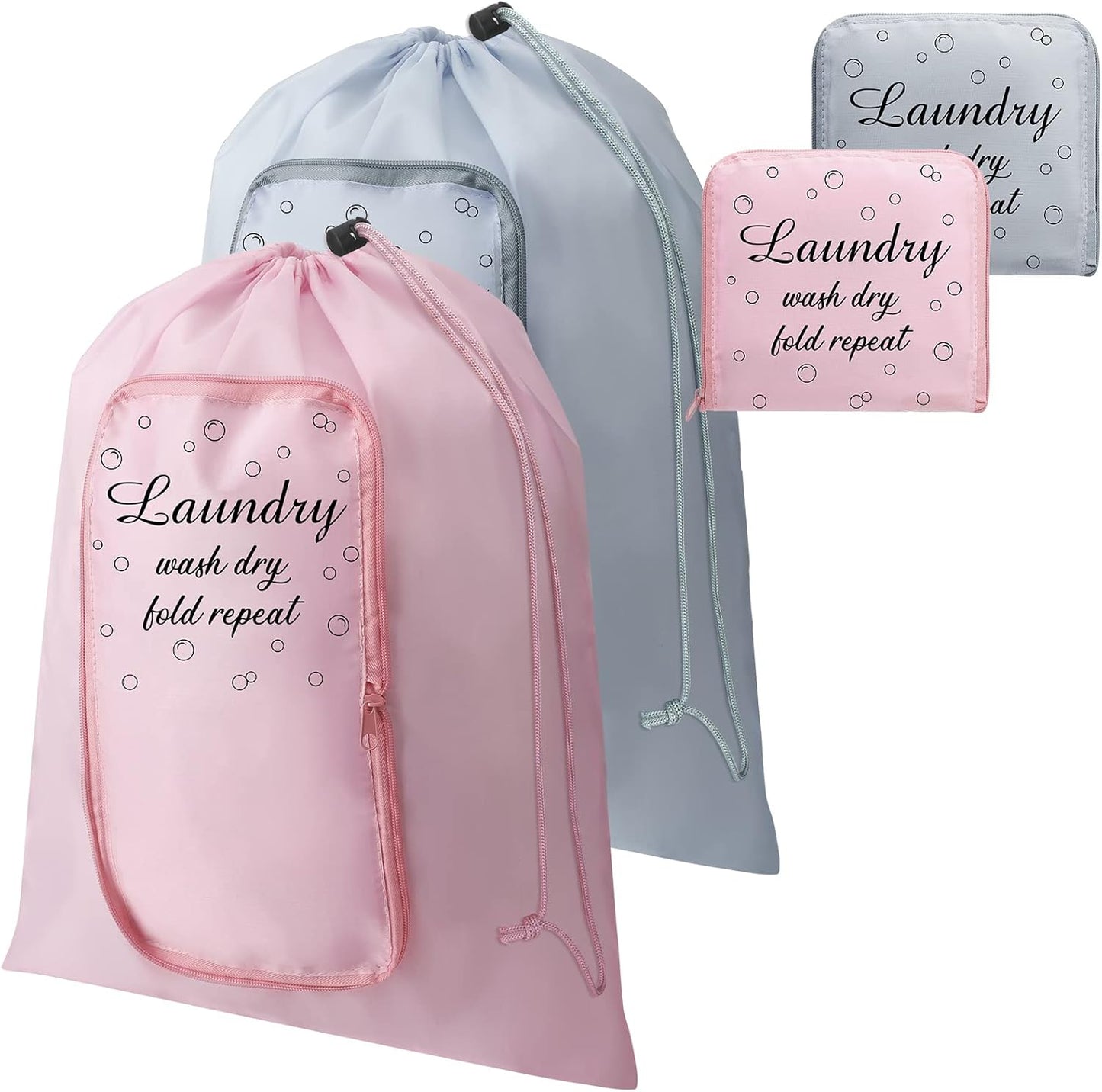 2 Pcs Travel Laundry Bag Washable Dirty Clothes Bag with Drawstring and Zipper for Suitcase, 22 x 18 Inch (Pink, Gray,Bubble)