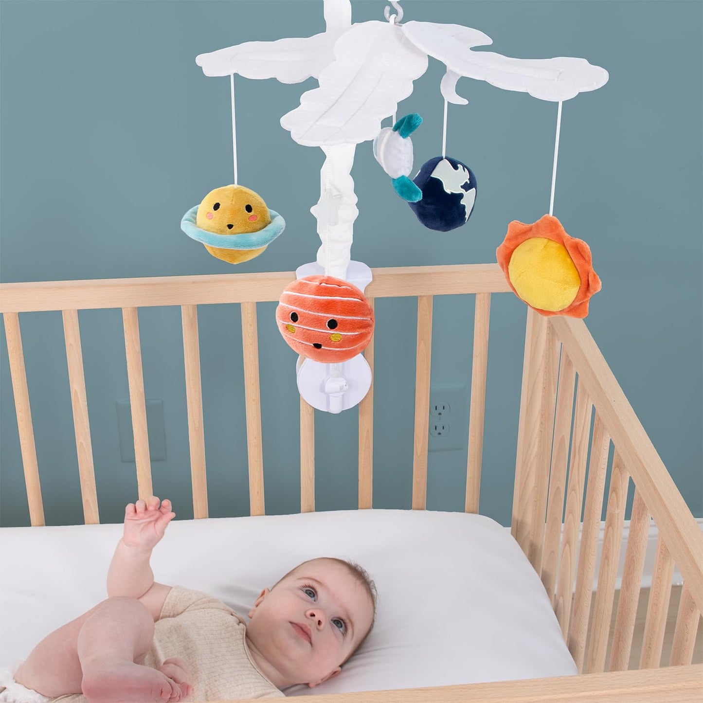 The Peanutshell Crib Mobile for Boys or Girls - White and Dark Blue Musical Baby Crib Mobile with 12 Lullabies, Planets Baby Spectacular Space Nursery Decor
