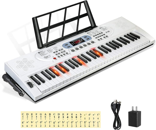 Hricane Keyboard Piano Lighted Keys for Beginner Adults Teens Kids, 61 Key Electronic Music Keyboard with Teaching Modes Powered by USB or Battery with LCD Display Microphone Headphone Jack