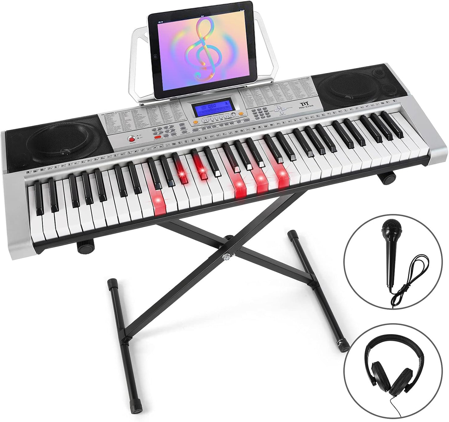 MUSTAR 61 Key Piano Keyboard, MEKS-400 Electric Piano Keyboard with Lighted Up Keys, Learning Keyboards Piano for Beginners, Piano Stand, LCD Screen, Headphones, Microphone
