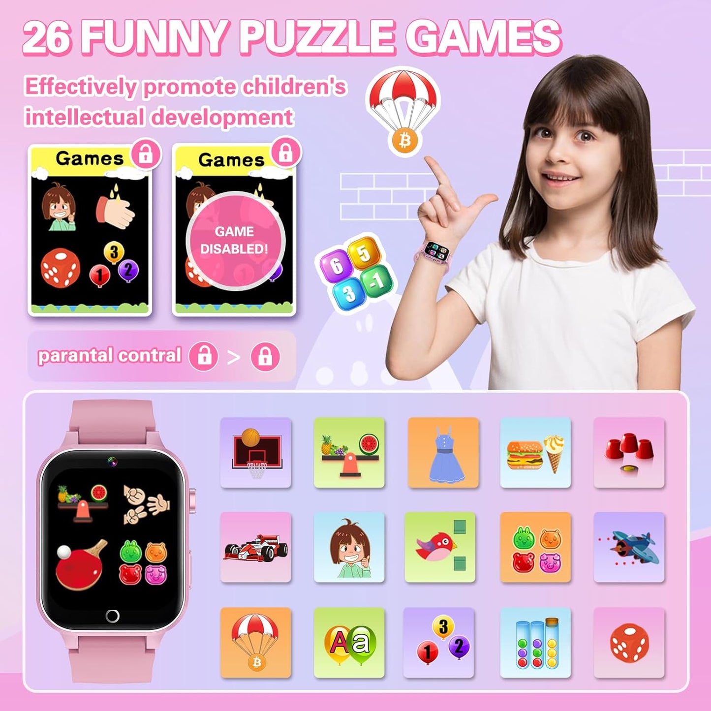 Kids Smart Watch Girls Gift for Girl Aged 6-12, HD TouchScreen Kids Watch with 26 Games Video Camera Music Pedometer Audiostory Learn Card Educational Toys Birthday Gifts for Girls Ages 5 6 7 8 9