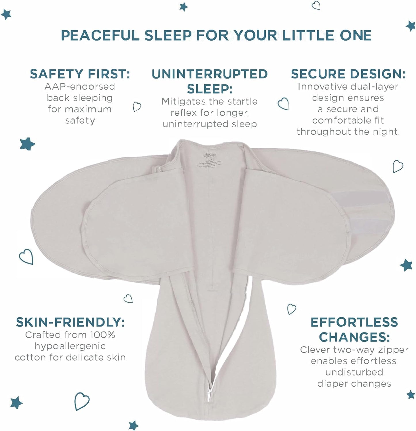 LullaBaby "Double Dream Swaddle: Exclusive Dual Wing Design, Pediatrician-Endorsed, Ultra-Soft Cotton, 2-4 Months, 12-20 lbs - White Sand