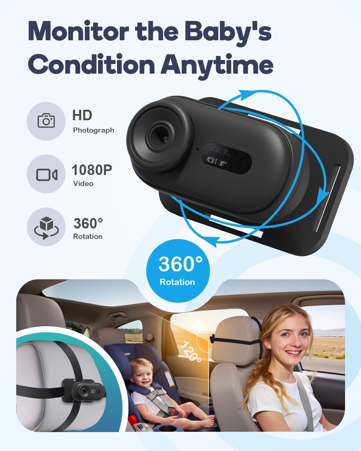 Wireless Baby Car Camera, HD 1080P Car Baby Monitor with Night Vision, Easy Install Backseat Camera for Kids, 360 Degree Rotatable Rear Facing Car Seat Mirror for Home, Baby, Pet