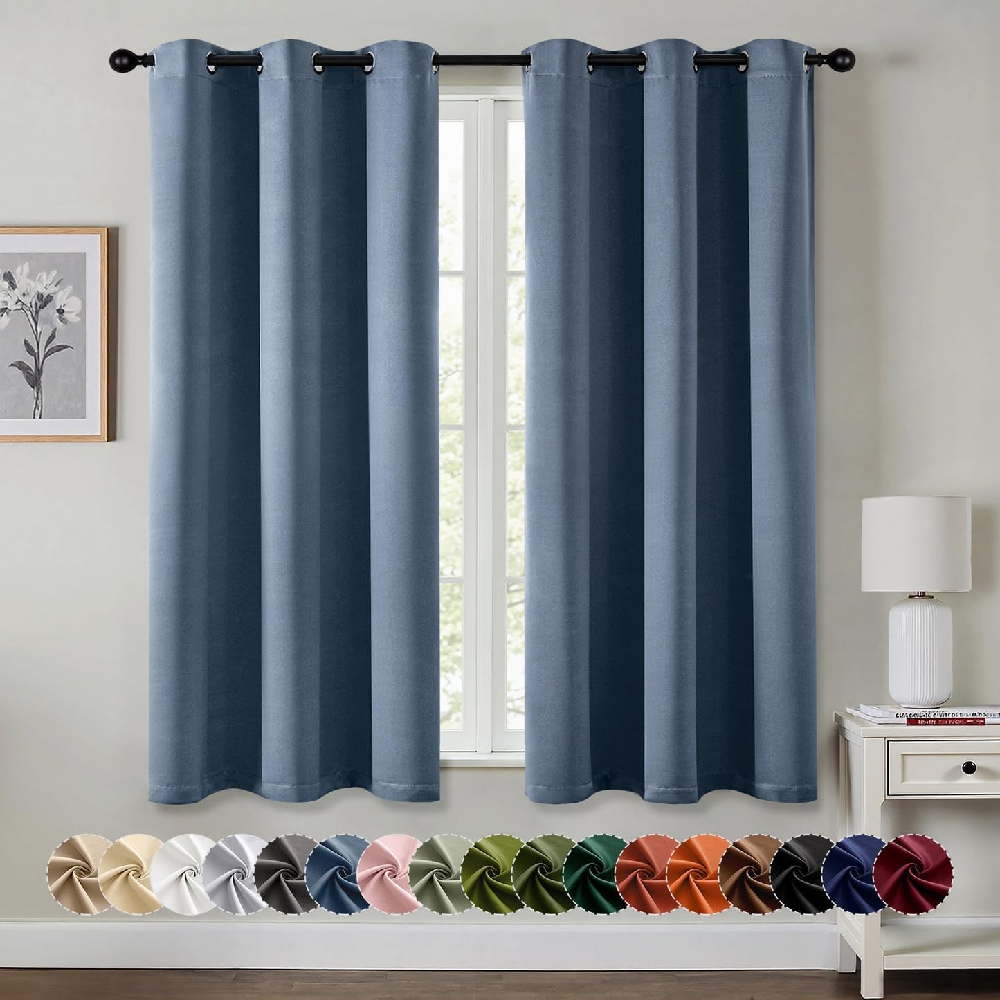 MIULEE Stone Blue Blackout Curtains for Bedroom Living Room 63 Inches Long 2 Panels, Thermal Insulated Room Darkening Drapes Solid Grommet Top Noise Reducing Light Blue Window Treatments 40x63 Inch