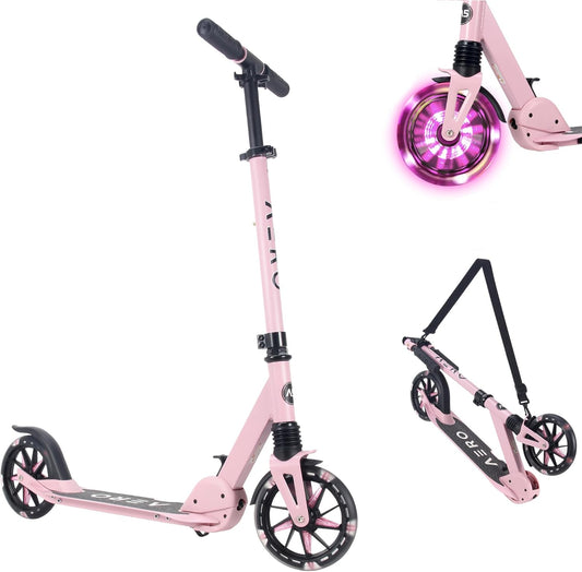 Aero Big Wheels Kick Scooter for Kids 6+, Teens & Adults | Light Up Wheels, Hand Brake, Rubber Deck Mat & Shock Absorption | Foldable & Height Adjustable