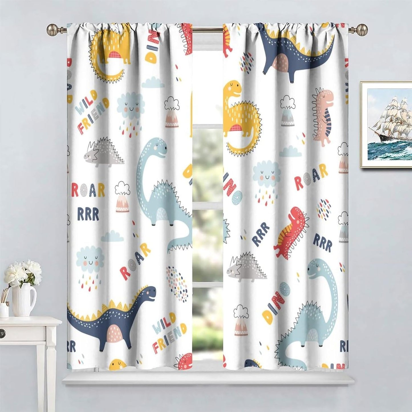 Cartoon Dinosaur Curtains for Kids Boys Girls Home Decor Colorful Cute Dino Animals Print Pattern Rod Pocket Blackout Window Drapes for Nursery Baby Bedroom Playroom W27.5xL63in 2 Panels