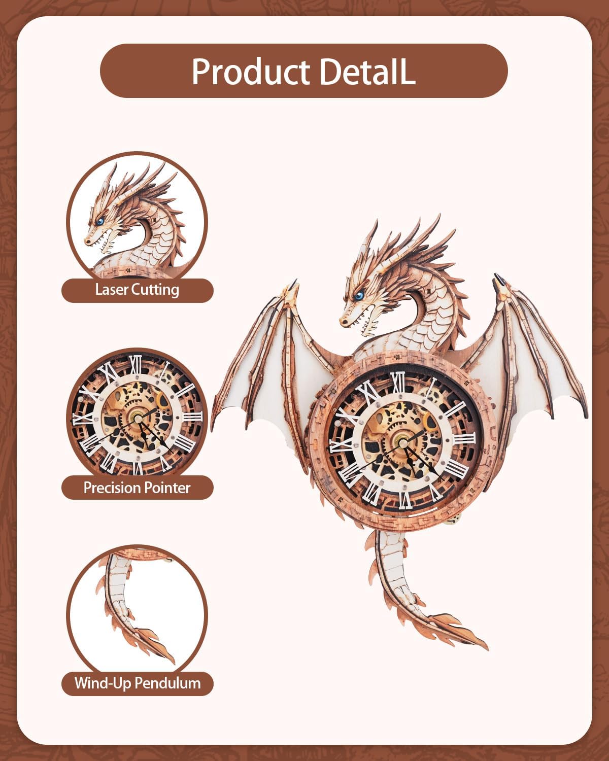 Rnfinewow 3D Wooden Puzzles for Adults, 3D Puzzles Dragon Clock Kit (with Pendulum), Beginners Wooden Puzzle for Adults Teens Home Wall Decor Clock Gifts for Men Women