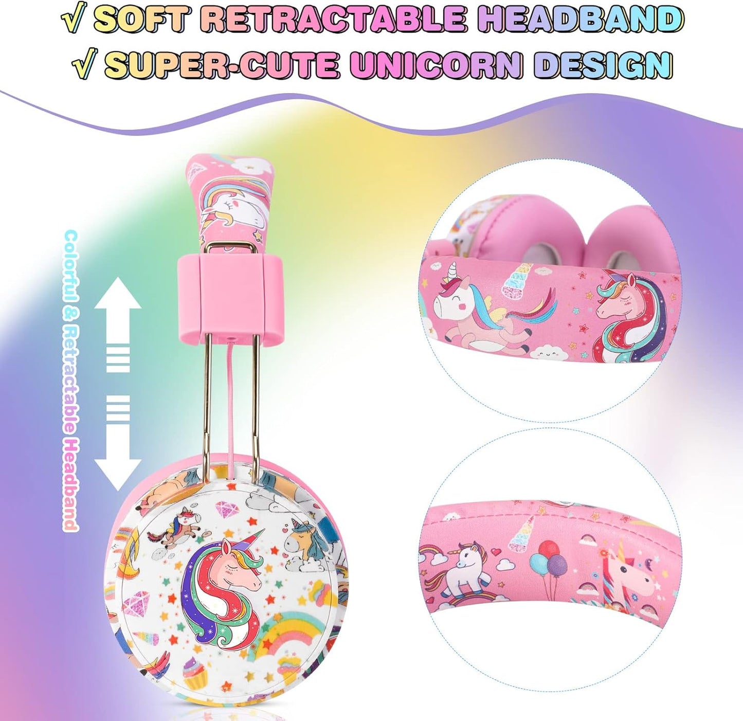 QearFun Unicorn Bluetooth Headphones for Girls - with Microphone & 3.5mm Jack, Adjustable Headband for Kids Teens Toddlers, School iPad Tablet PC Smartphones Compatible (Pink)