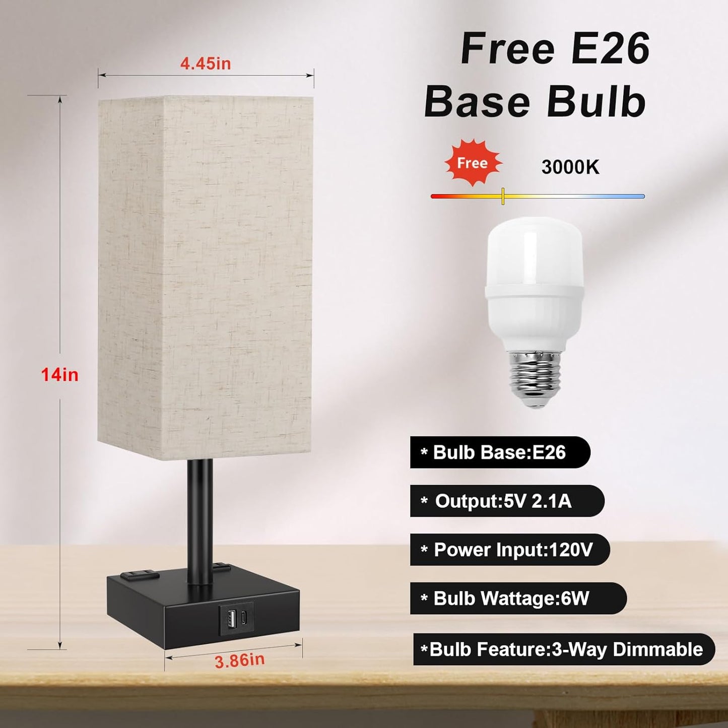 Touch Bedside Table Lamp for Nightstand - 3-Way Dimmable Night Lamp with USB A + Type C Charging Ports and Two AC Outlets, Small Desk Light with E26 LED Bulb for Bedroom Living Room Dorm, Beige