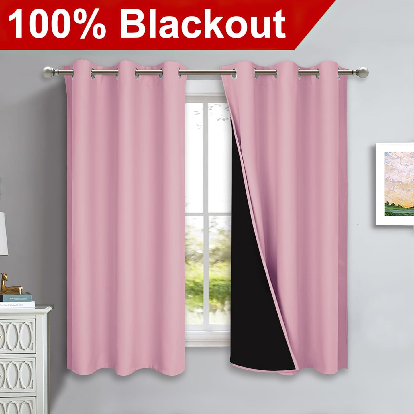 NICETOWN 100% Blackout Curtains with Black Liners, Solid Thermal Insulated Full Blackout 2-Layer Lined Drapes, Energy Efficiency Window Draperies for Bedroom (2 Panels, 42" W by 63" L, Crystal Pink)