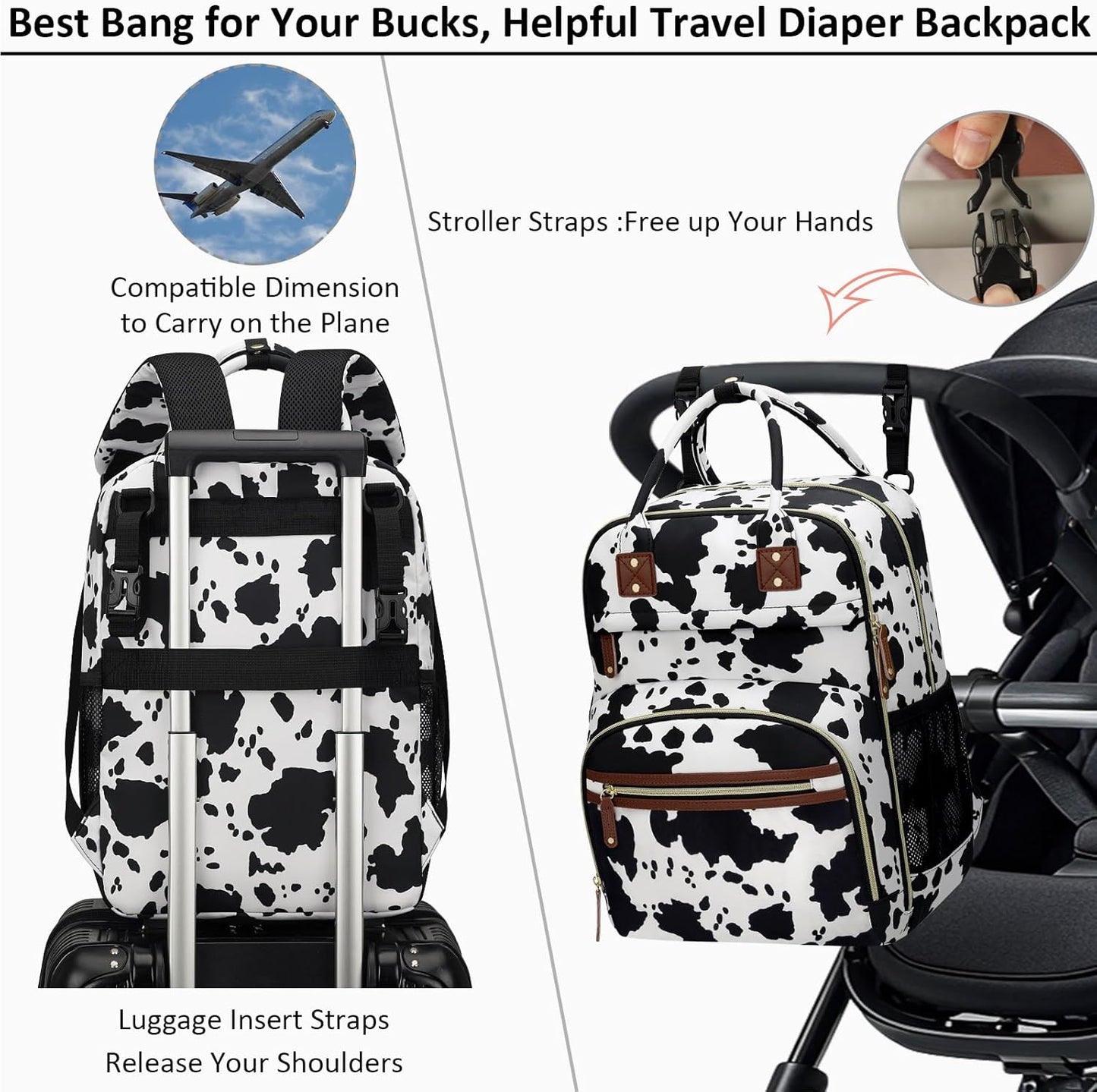 Diaper Bag Backpack for Women with Changing Pad, Baby Bag with Insulated Pockets Multifunctional Diaper Bags For Baby Girl Boy Waterproof Baby Bags For Boys Girls Maternity Bag Cow Print
