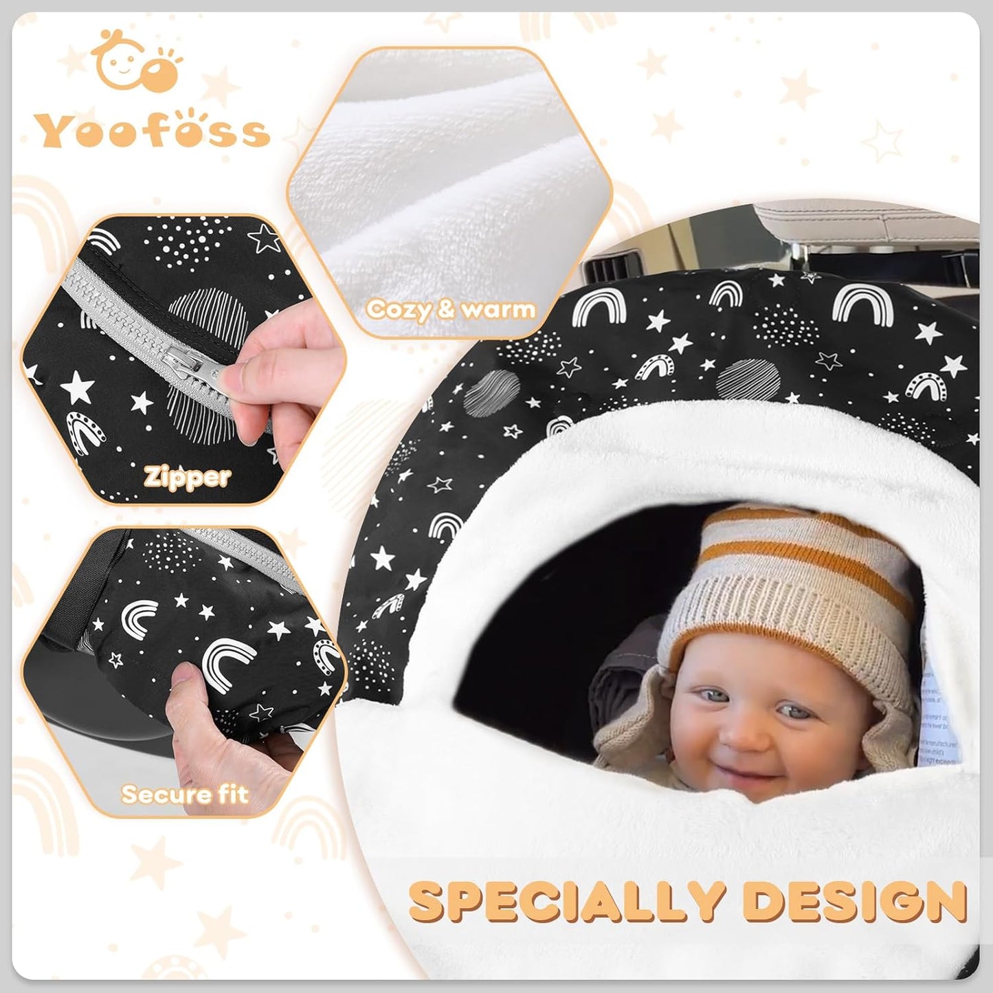 Yoofoss Baby Car Seat Cover Winter Carseat Canopies Cover to Protect Baby from Cold Wind, Super Warm Plush Fleece Baby Carrier Cover for Infant Boys Girls (Stars)