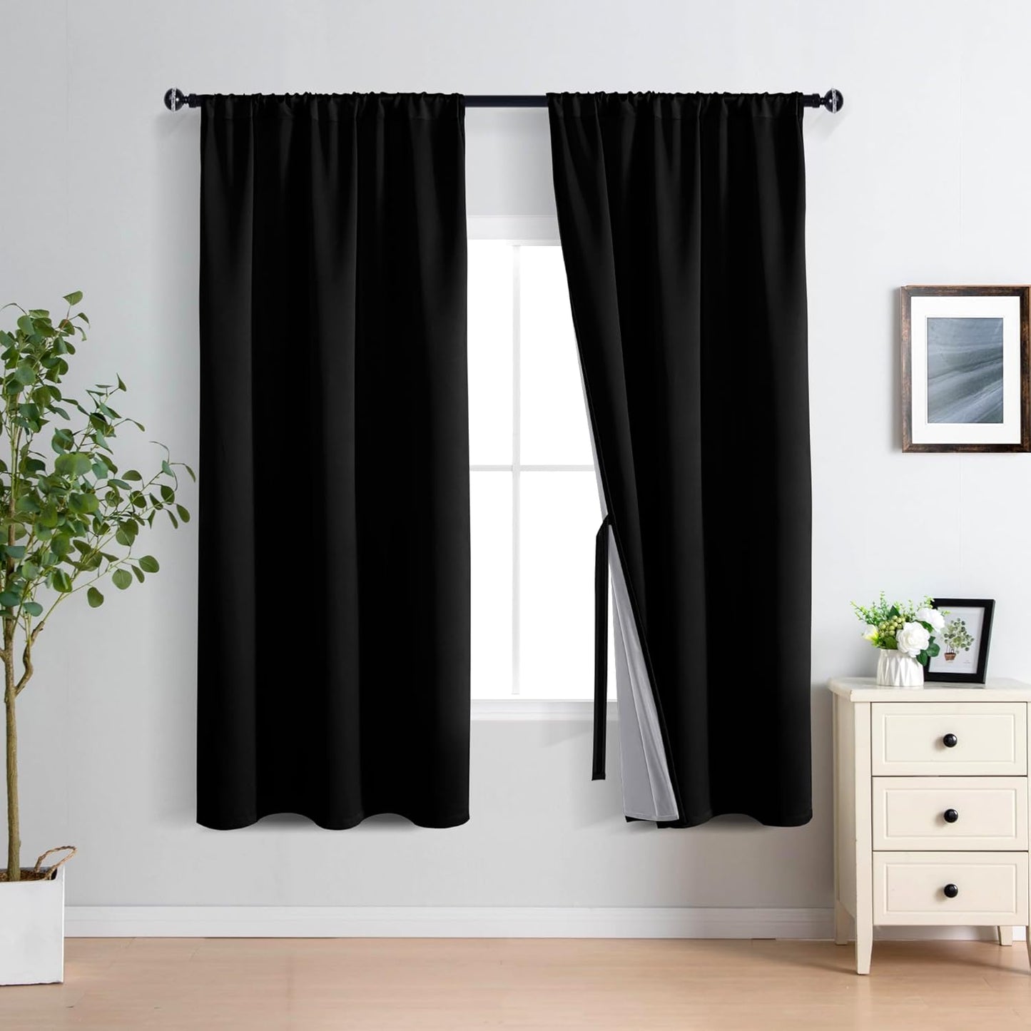 XWZO Complete Blackout Window Curtain Panels with Tiebacks- Noise Reduction and Light Blocking Rod Pocket Curtains with Black Liner for Studio, Basement Room, Black, W42 x L72, Set of 2