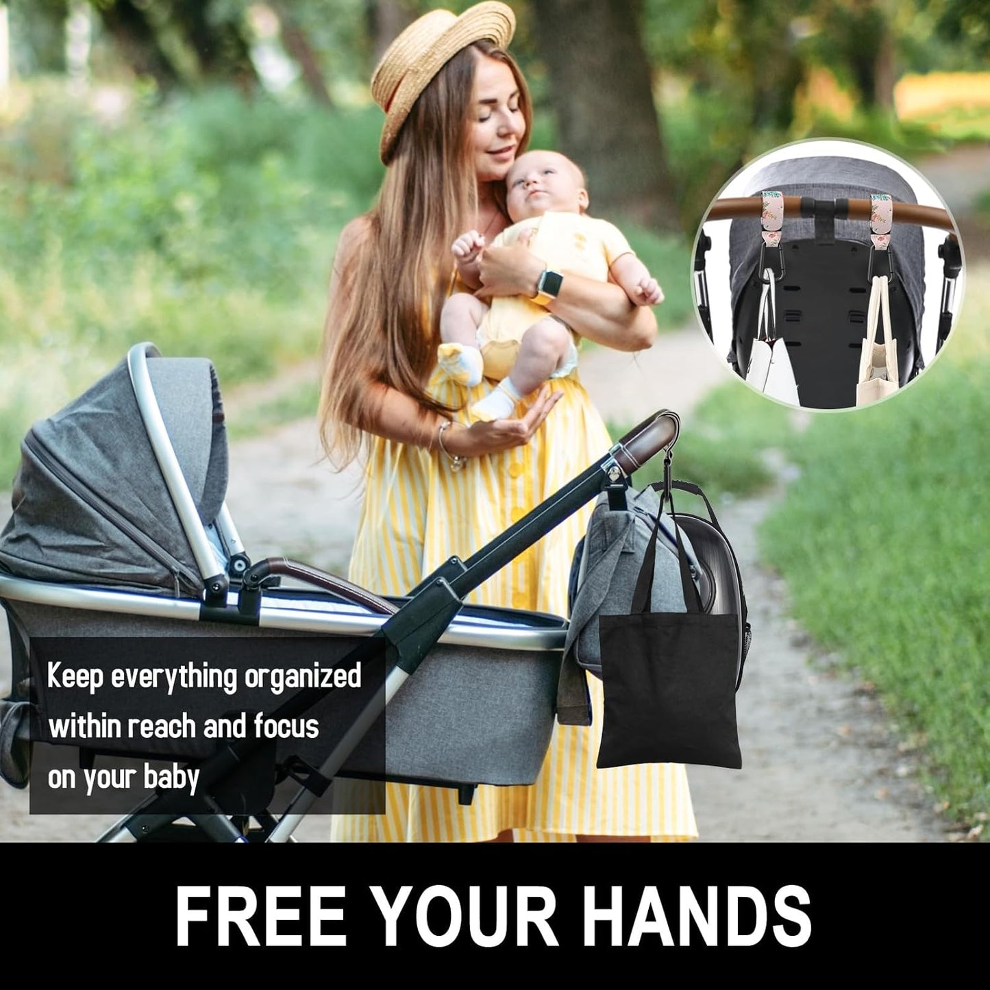 Baby Stroller Hooks for Hanging Bags, Universal Stroller Clips Accessories, Mommy Hook for Diaper Bag, Shopping Cart, Purse, Backpack - 2 Pack, Pink Flower