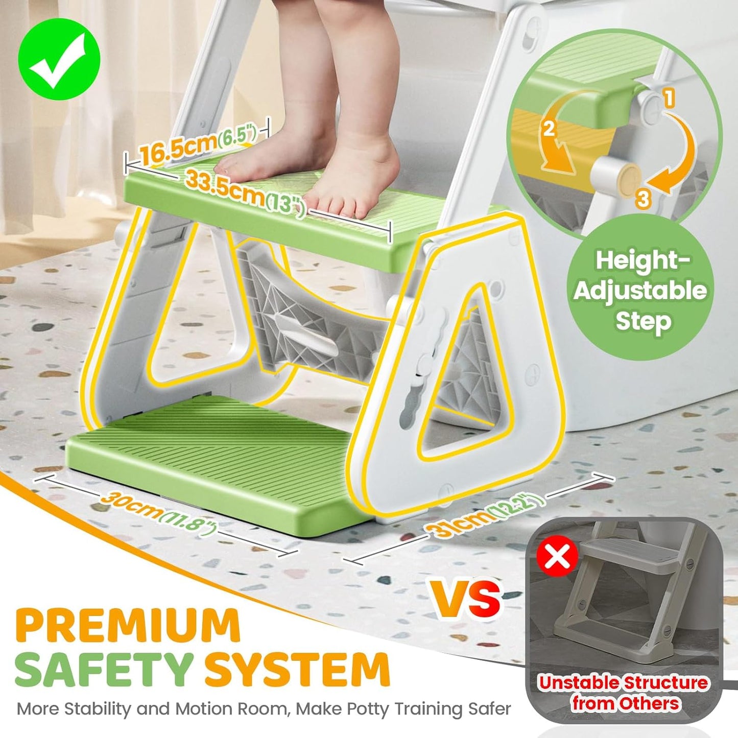 Orzbow 2-IN-1 Potty Training Seat with Step Stool, Height Adjustable Toilet Seat for Toddler, Potty Training with Splash Guard for Kids Boys Girls, Stability Ladder and Anti-Slip Pad, Green