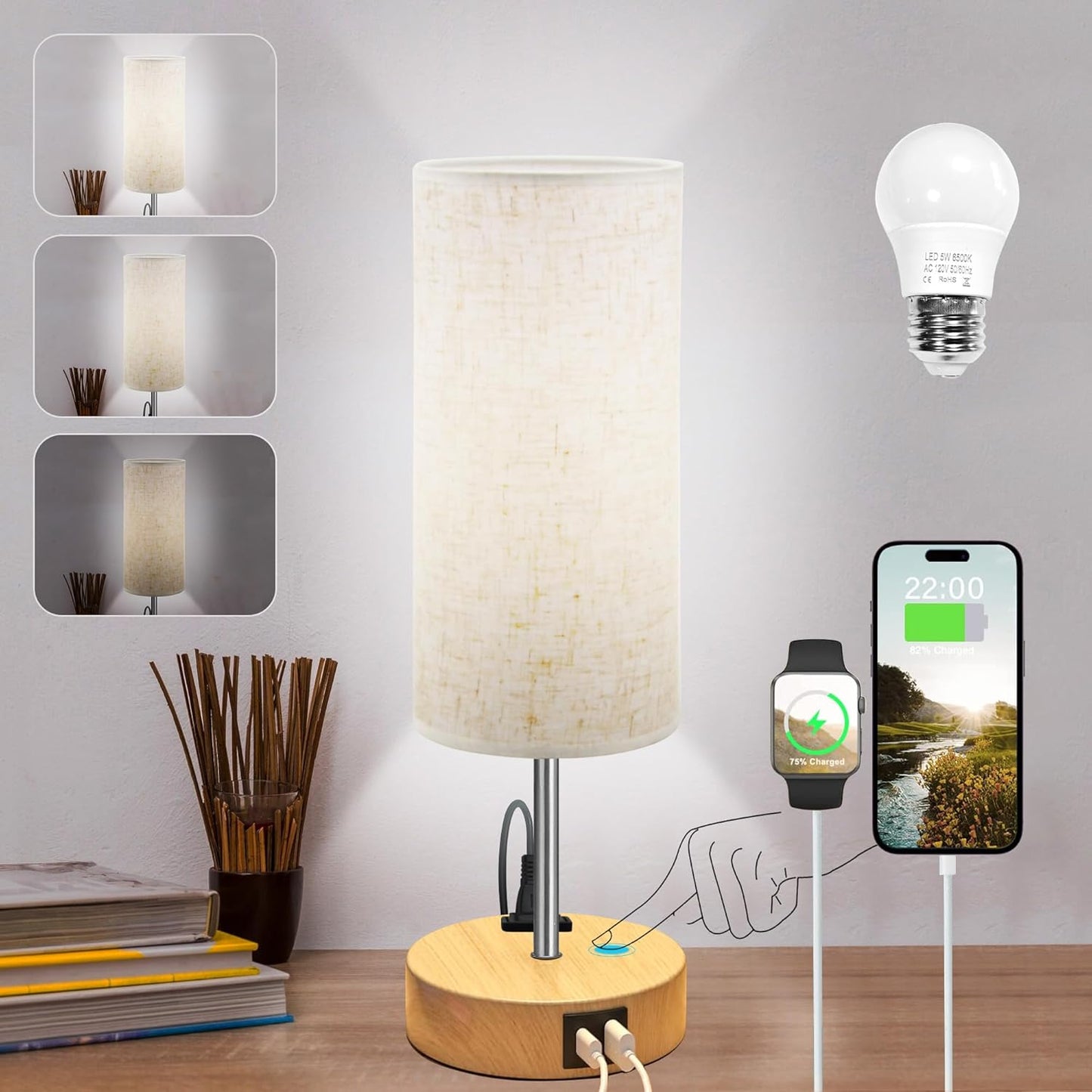 Touch Control Table Lamp for Bedroom, Bedside Lamp with USB Charging Port & AC Outlet, 3 Brightness Levels Adjustable, Nightstand Light