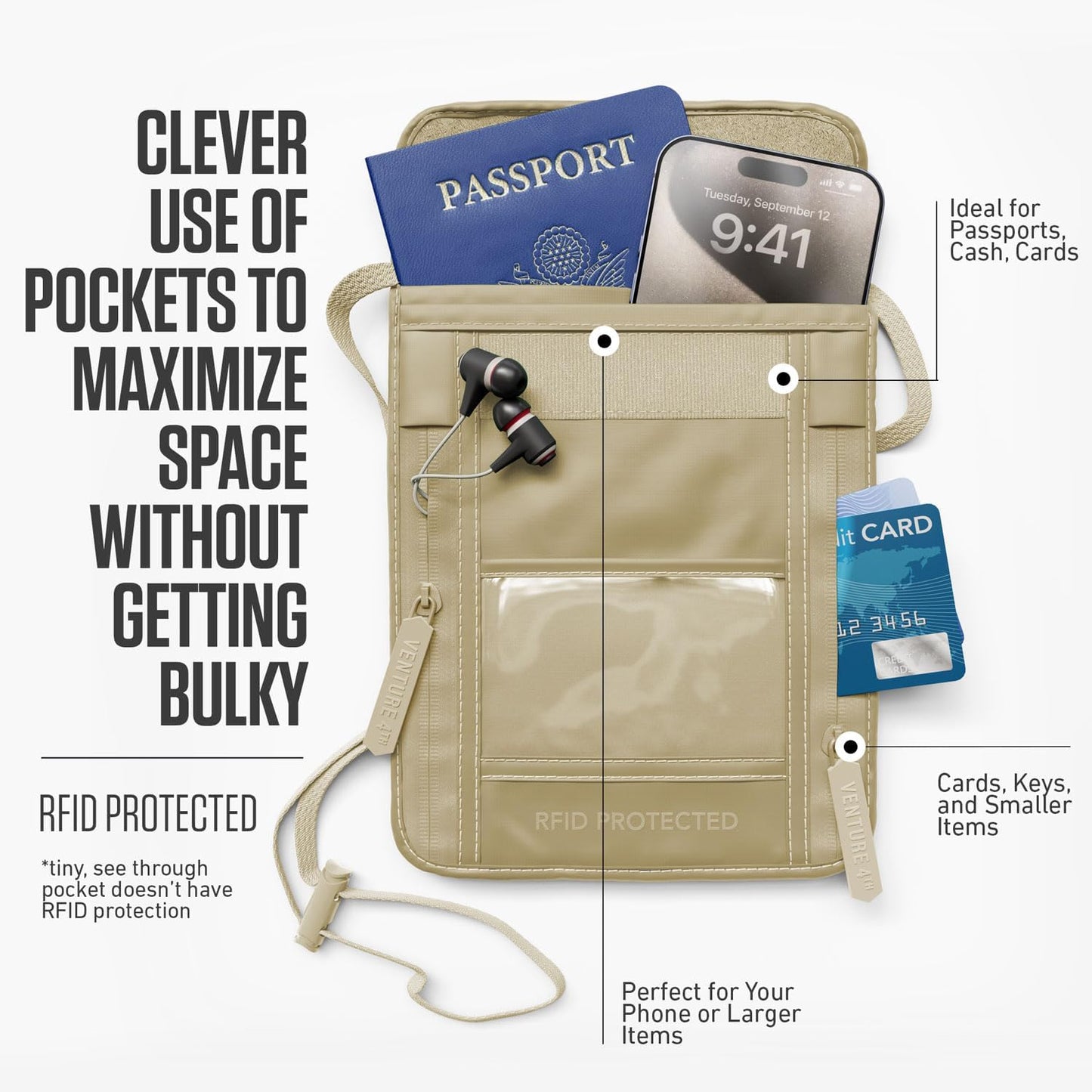 VENTURE 4TH Passport Holder Neck Wallet with RFID Blocking Nylon Lining - Hidden Neck Pouch for Travel (Sleek Beige)