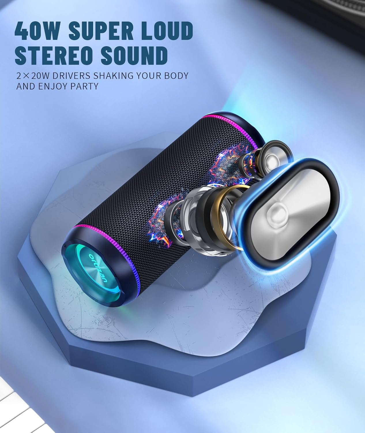 Ortizan Portable Bluetooth Speaker, 40W Loud Sound and Deep Bass, IPX7 Waterproof, True Wireless Stereo, Bluetooth 5.3, Colorful Flashing Lights, Preset EQ, USB Play, for Home, Outdoor, Party, Black